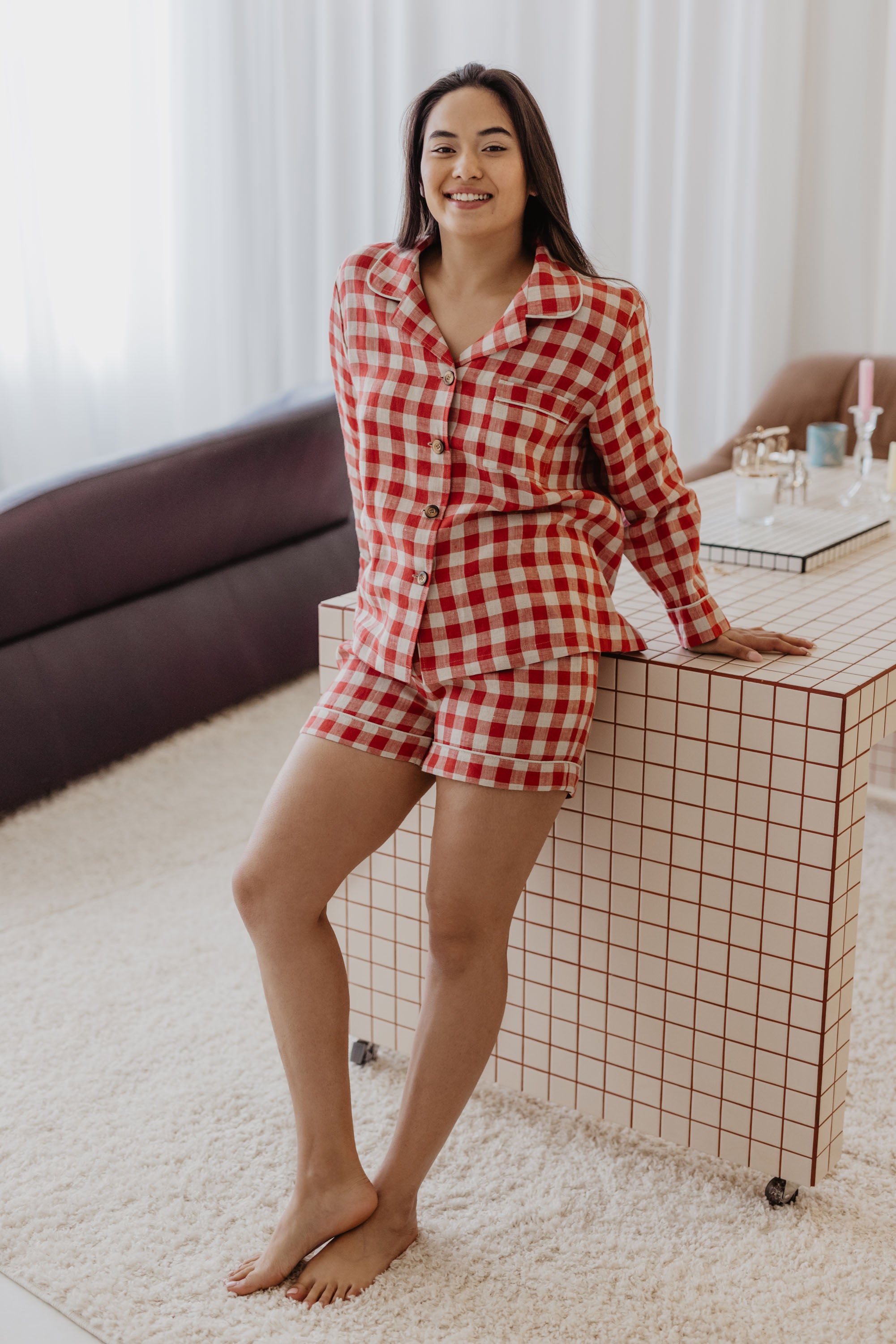 Laumė linen Loungewear PILNATIS pyjama en lin rouge baie XS