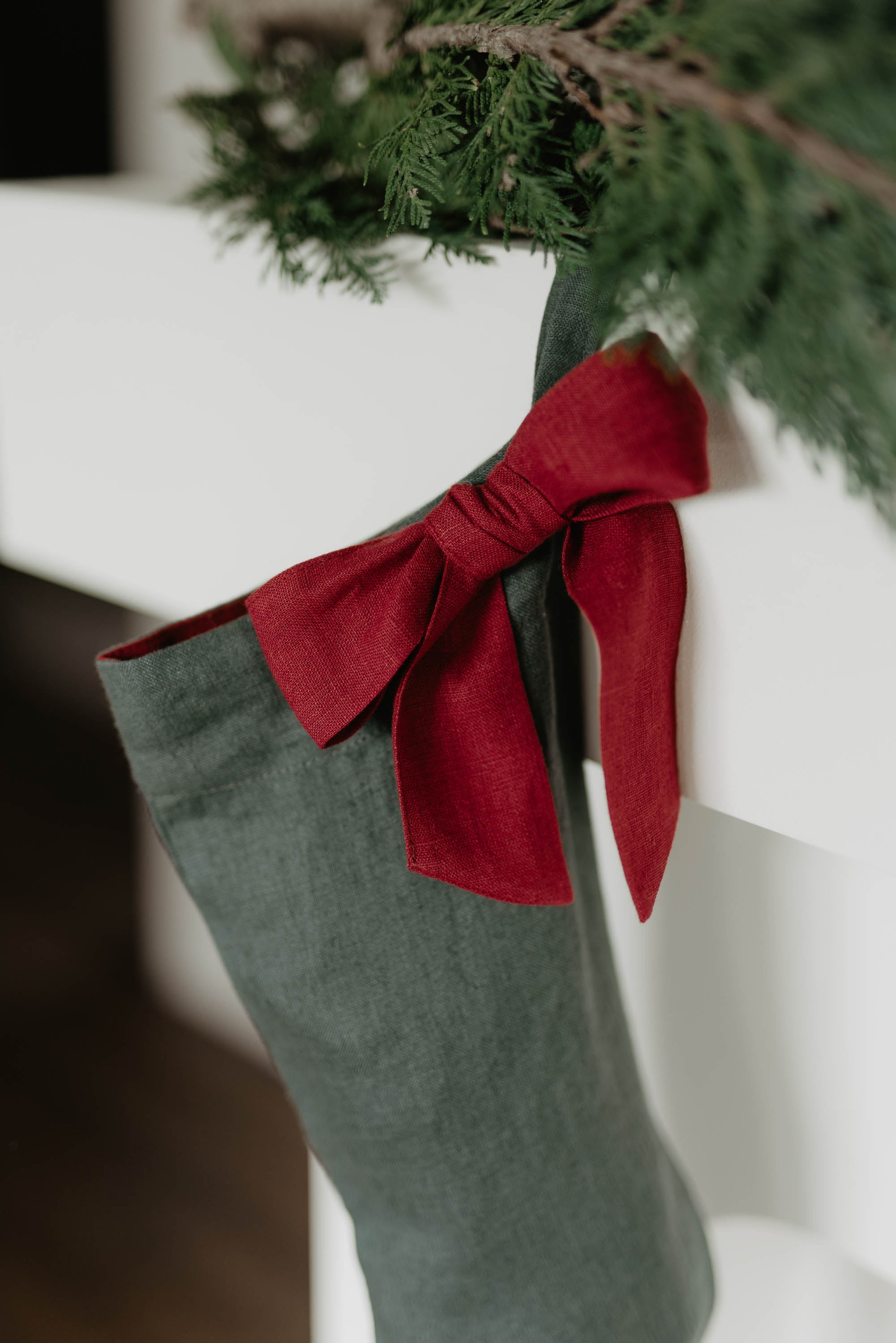 Laumė linen Christmas Linen chaussette de Noël avec nœud vert forêt