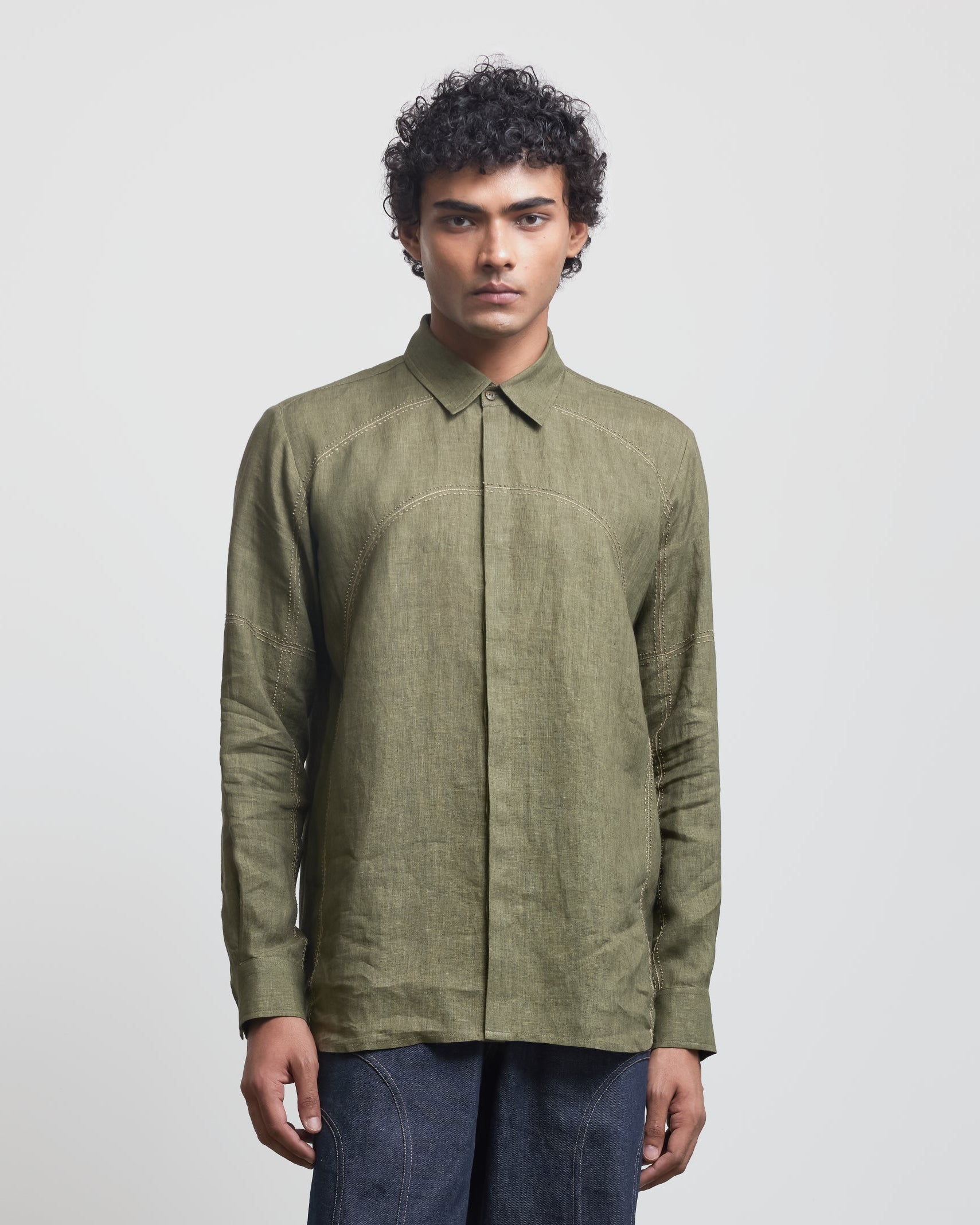 COUNTRYMADE Shirts BAUHAUS THREE LINE STITCH SHIRT chemise en lin brodée