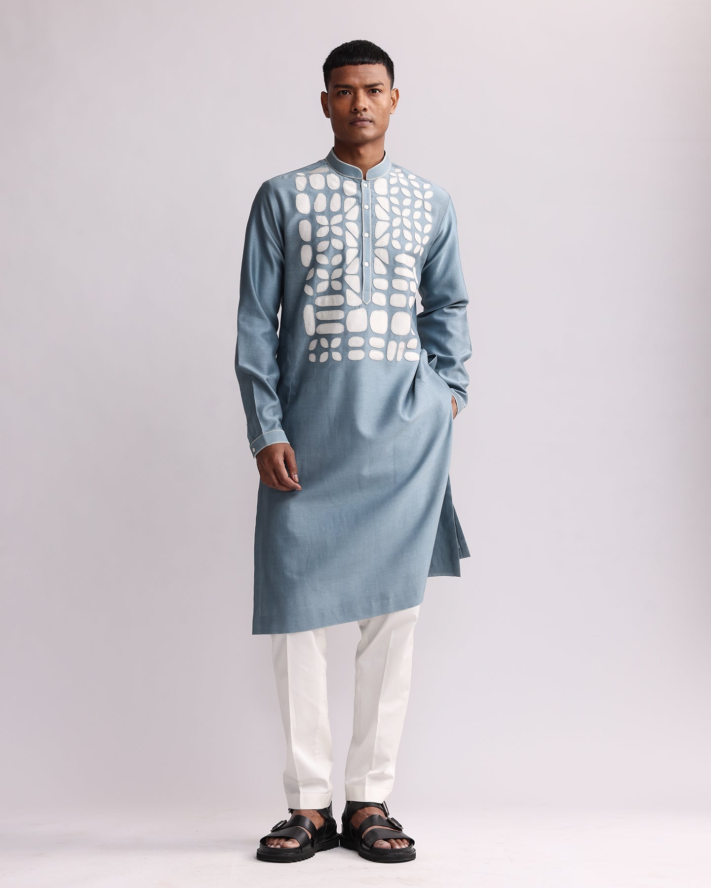 COUNTRYMADE Kurtas Shadow Block Hand-applique Kurta Set kurta bleu poudre, chanderi