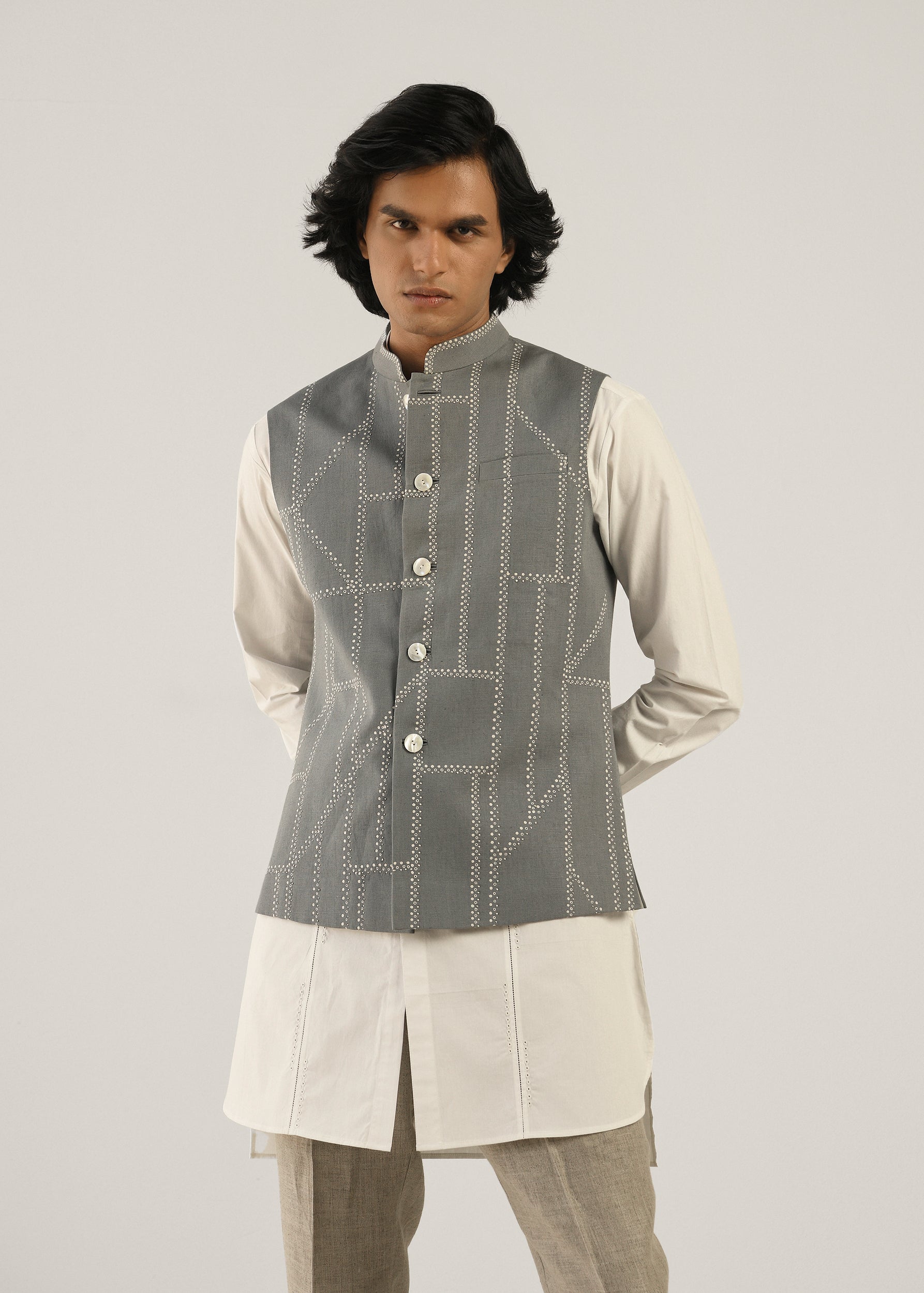 COUNTRYMADE Nehru Jackets Fuselage Hand Embroidered Bundi veste gris fumée lin coton