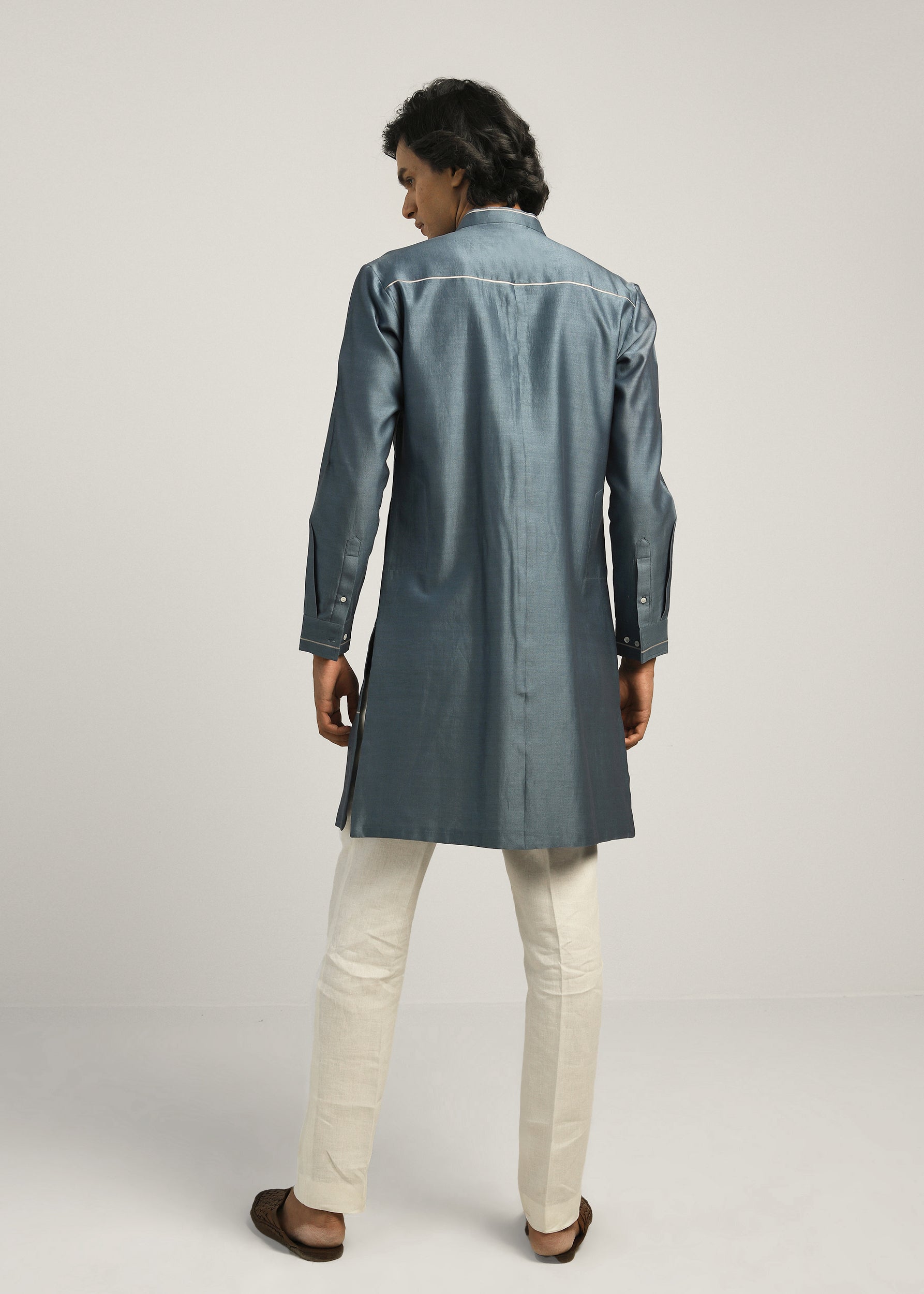 COUNTRYMADE Kurtas Patchwork Block Kurta Set bleu acier en coton-soie