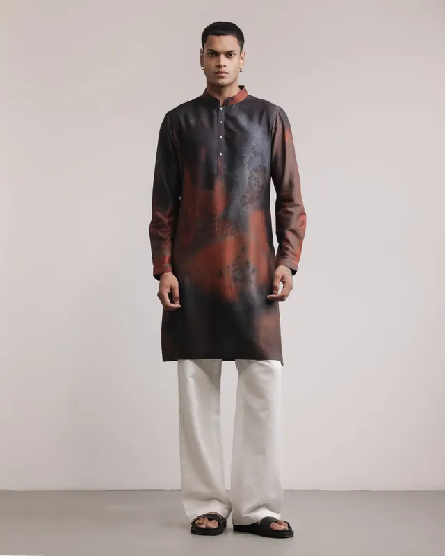 COUNTRYMADE Kurtas Rust-Concrete Print Silk Kurta kurta en soie imprimé