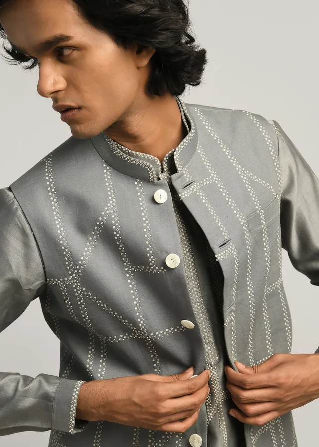 COUNTRYMADE Nehru Jackets Fuselage Hand Embroidered Bundi veste gris fumée lin coton