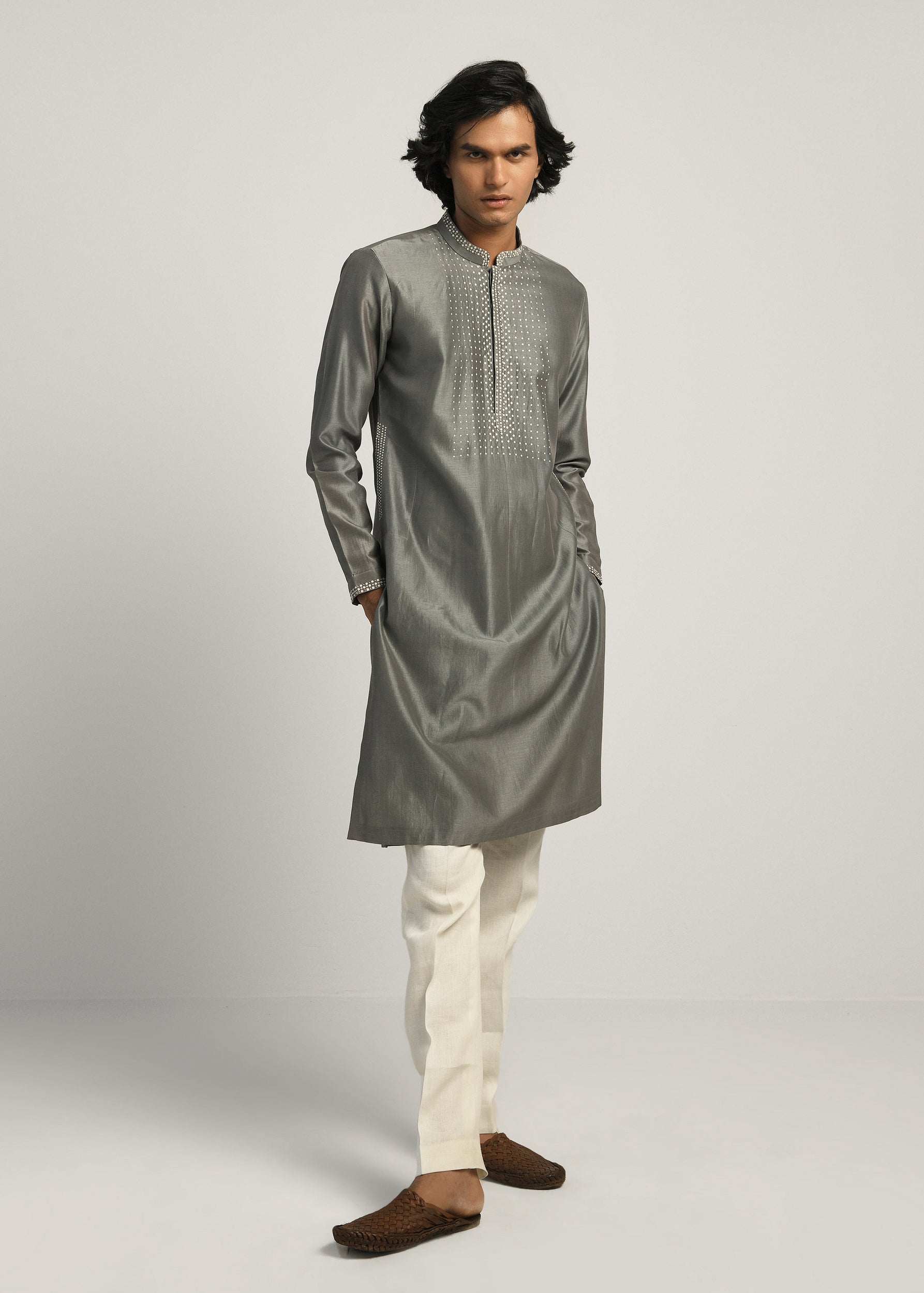 COUNTRYMADE Kurtas Dots Yoke Kurta Set gris fumé en Chanderi
