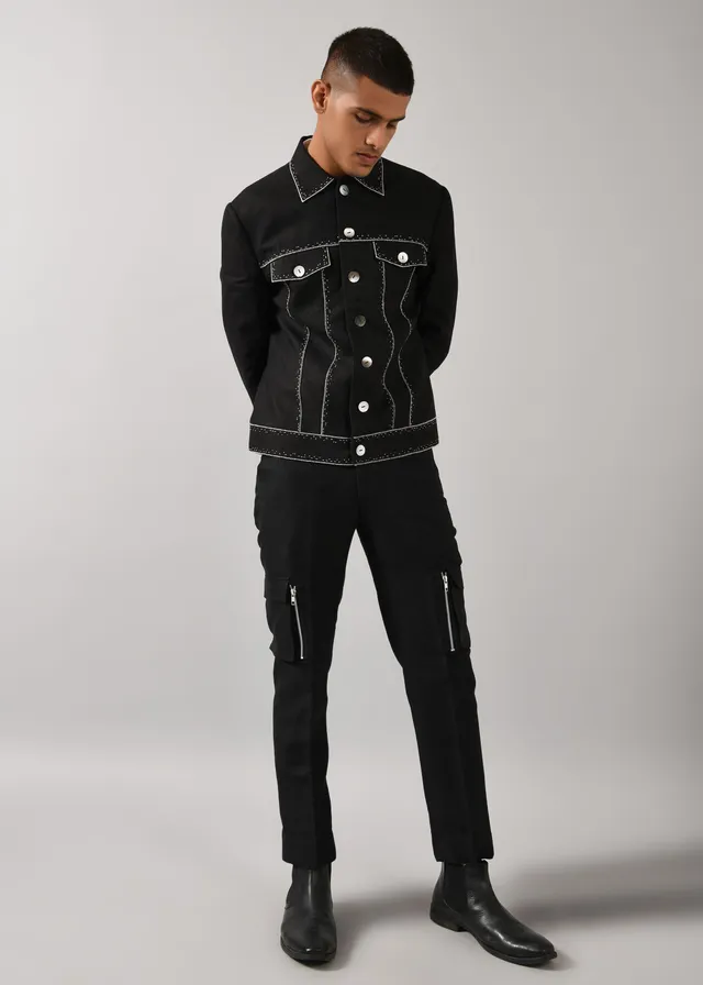 COUNTRYMADE Jackets Morse code Denim veste noire en lin brodée
