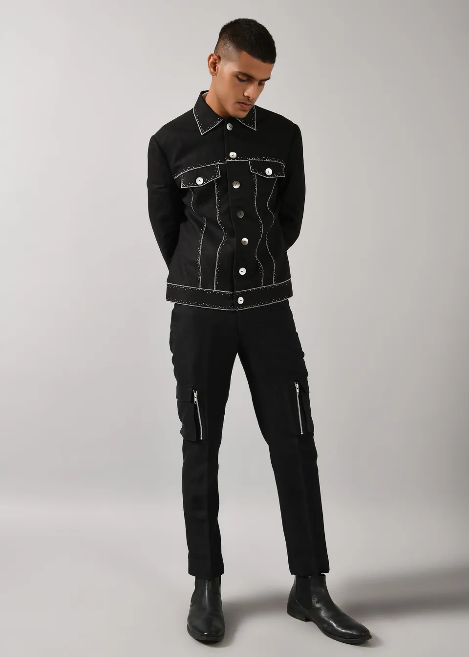 COUNTRYMADE Jackets Morse code Denim veste noire en lin brodée