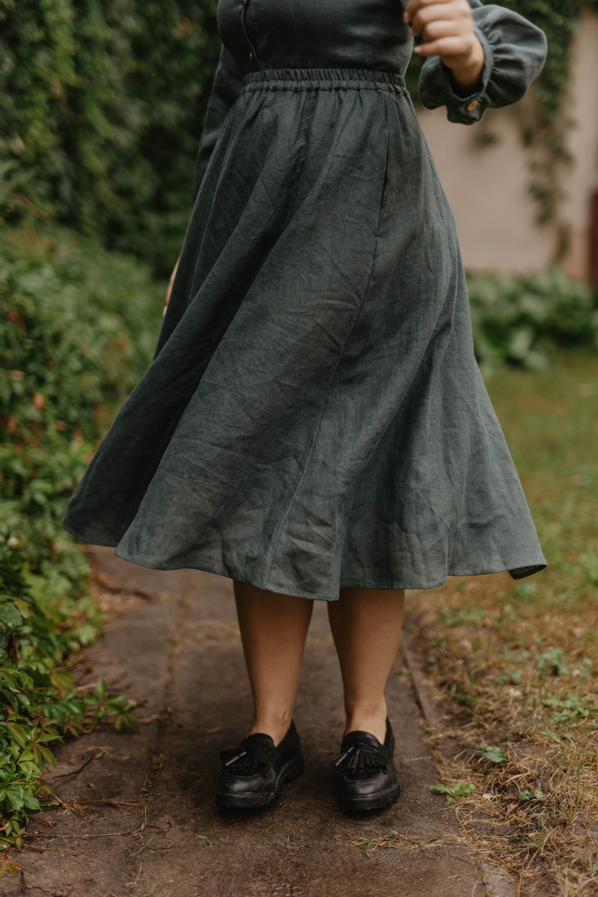 Laumė linen Linen Bottoms Juliette jupe en lin vert forêt taille élastique