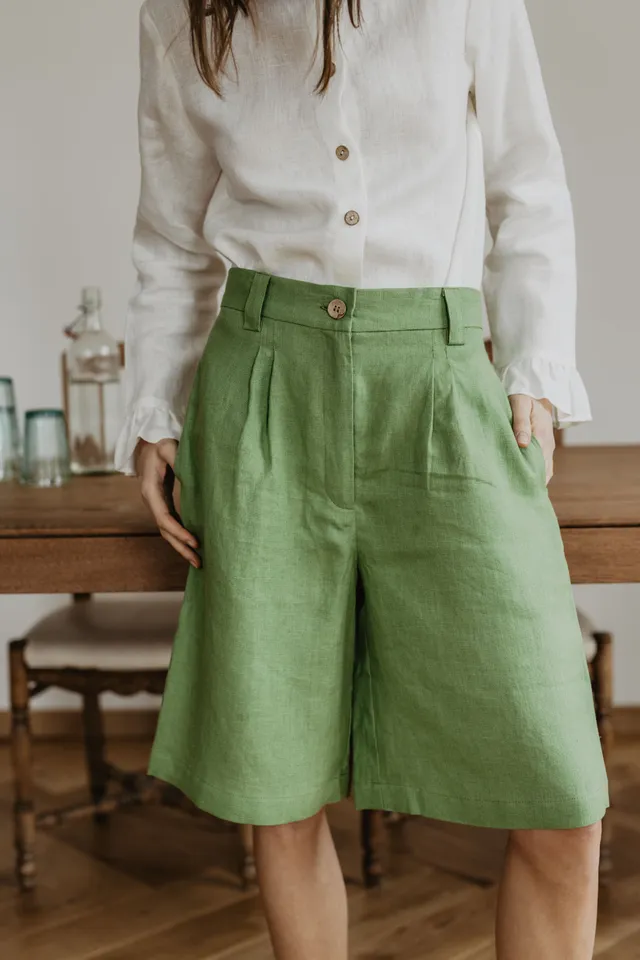 Laumė linen Linen Bottoms Palanga short en lin à rayures beiges