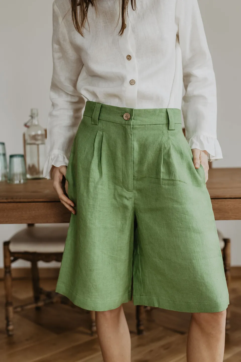 Laumė linen Linen Bottoms Palanga short en lin à rayures beiges