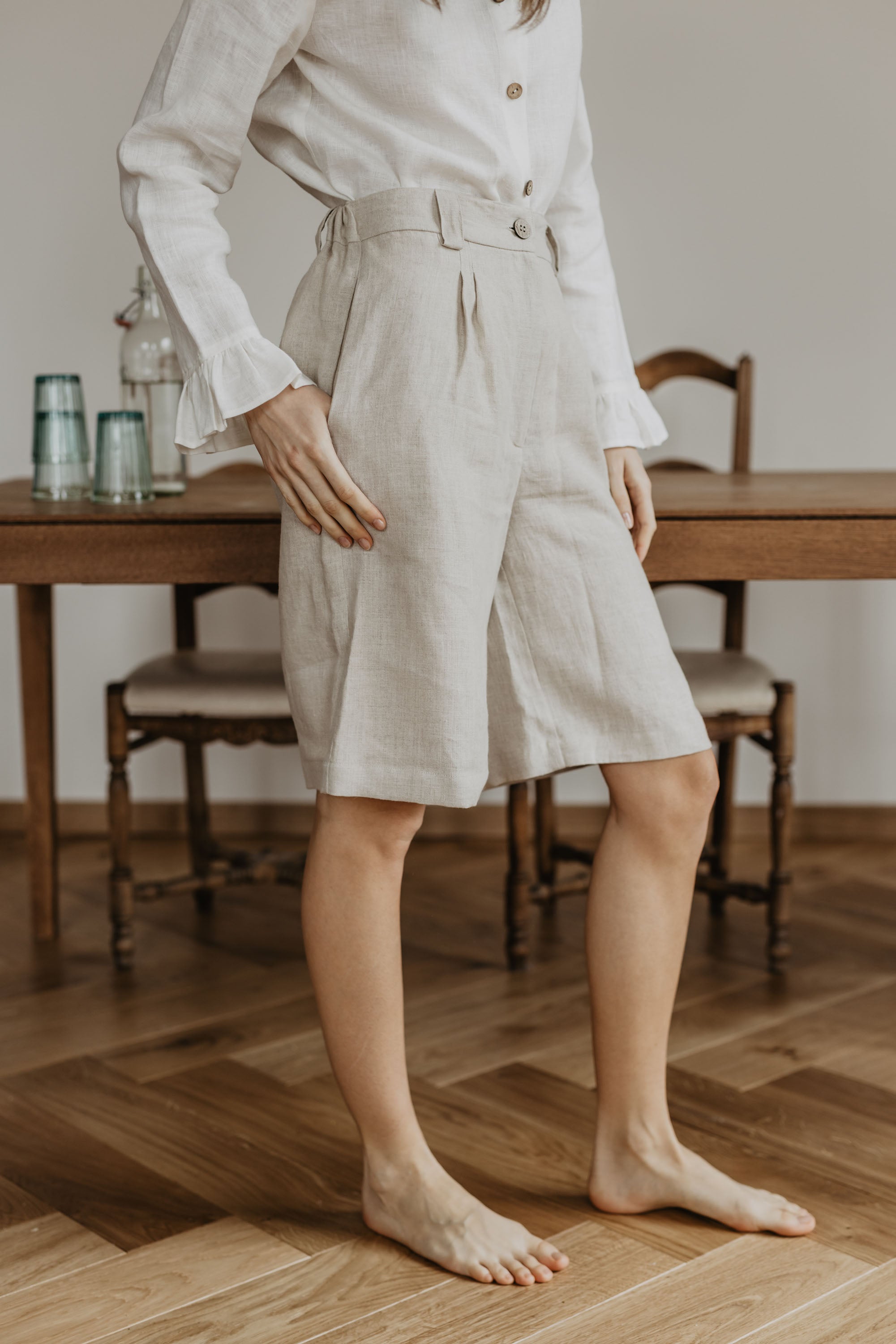 Laumė linen Linen Bottoms Palanga short en lin à rayures beiges