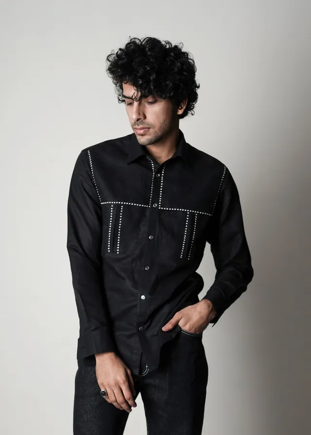 COUNTRYMADE Shirts Pocket Dots Shirt chemise noire en lin brodée