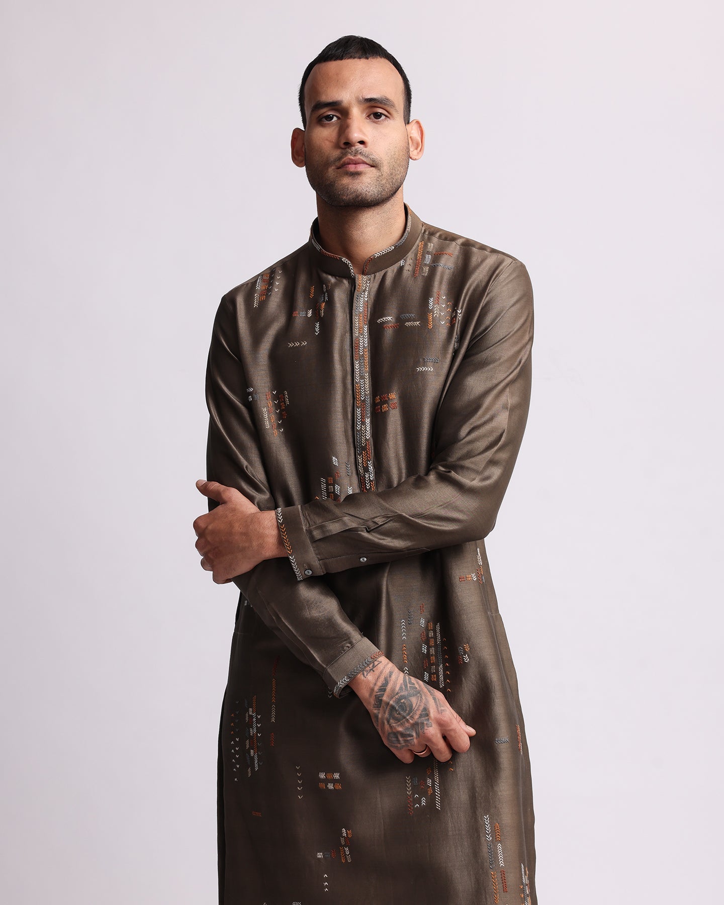 COUNTRYMADE Kurtas Multi-direction Hand Embroidered Olive Kurta Set ensemble kurta