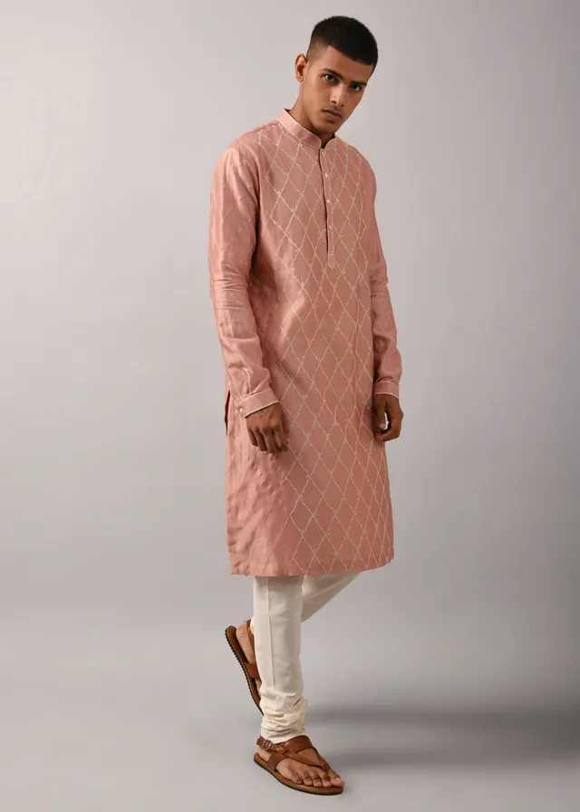COUNTRYMADE Kurtas Diamond Pattern Embroidered Kurta Set ensemble kurta chanderi rose poudré