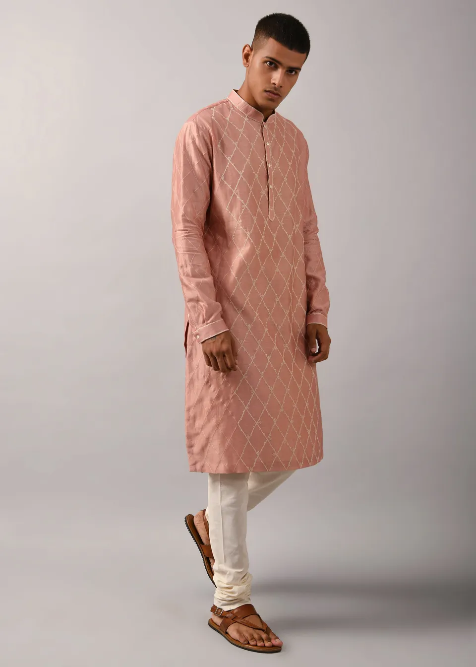 COUNTRYMADE Kurtas Diamond Pattern Embroidered Kurta Set ensemble kurta chanderi rose poudré