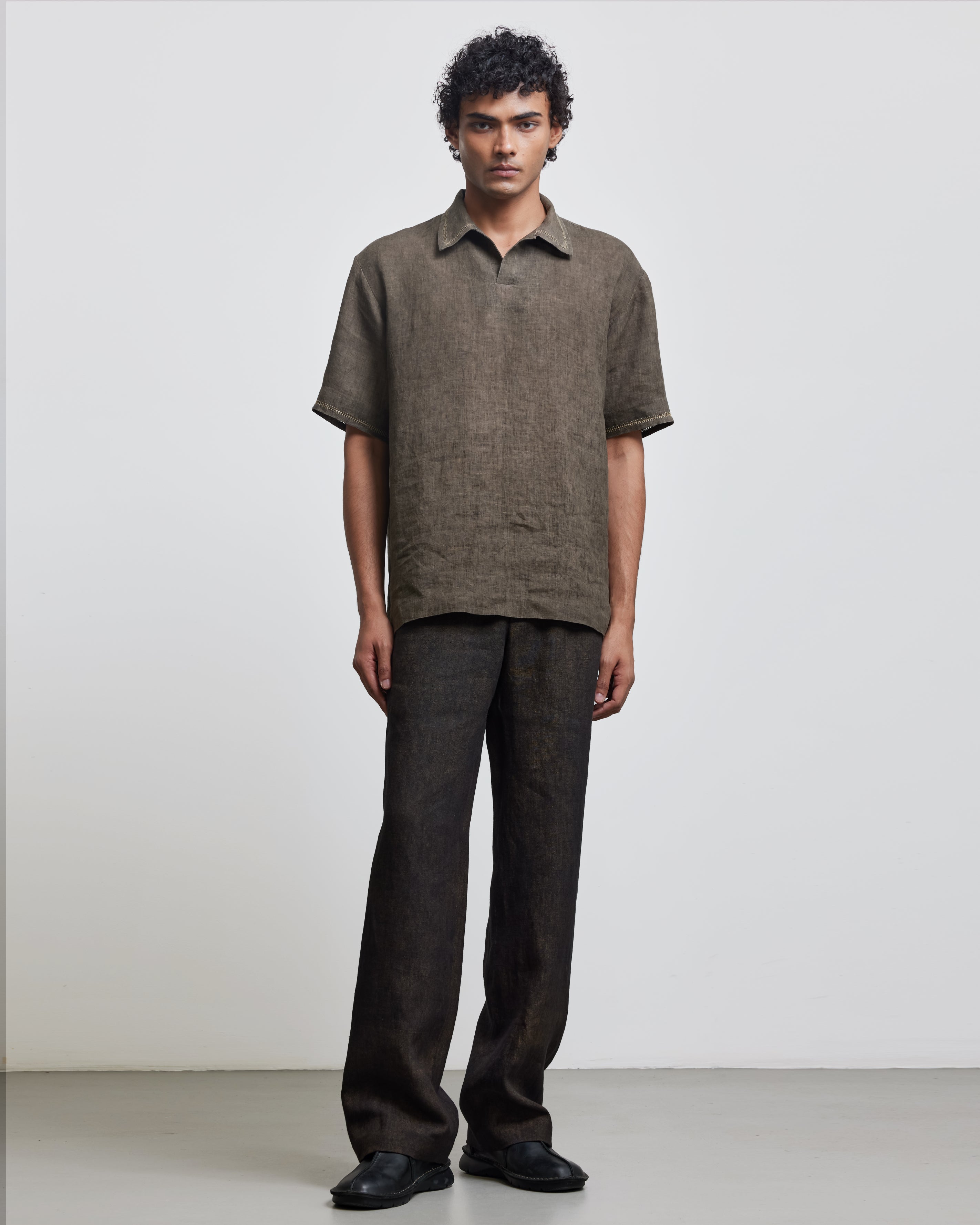 COUNTRYMADE Shirts Stone Brown Crochet Polo Shirt en lin