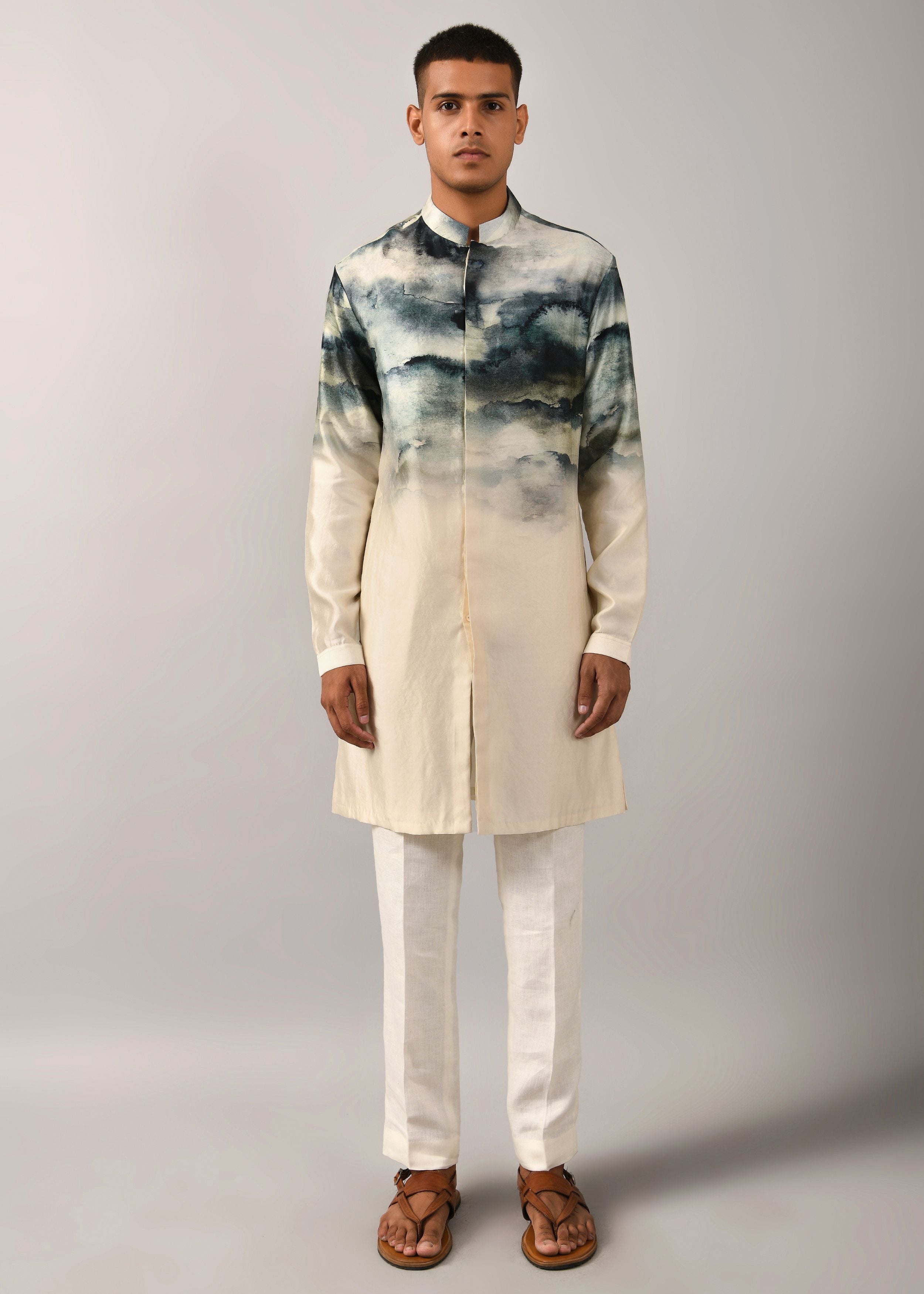 COUNTRYMADE Kurtas Camouflaged clouds front open Kurta kurta en soie pure