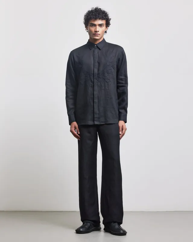 COUNTRYMADE Shirts Black Wreath chemise noire en lin brodée