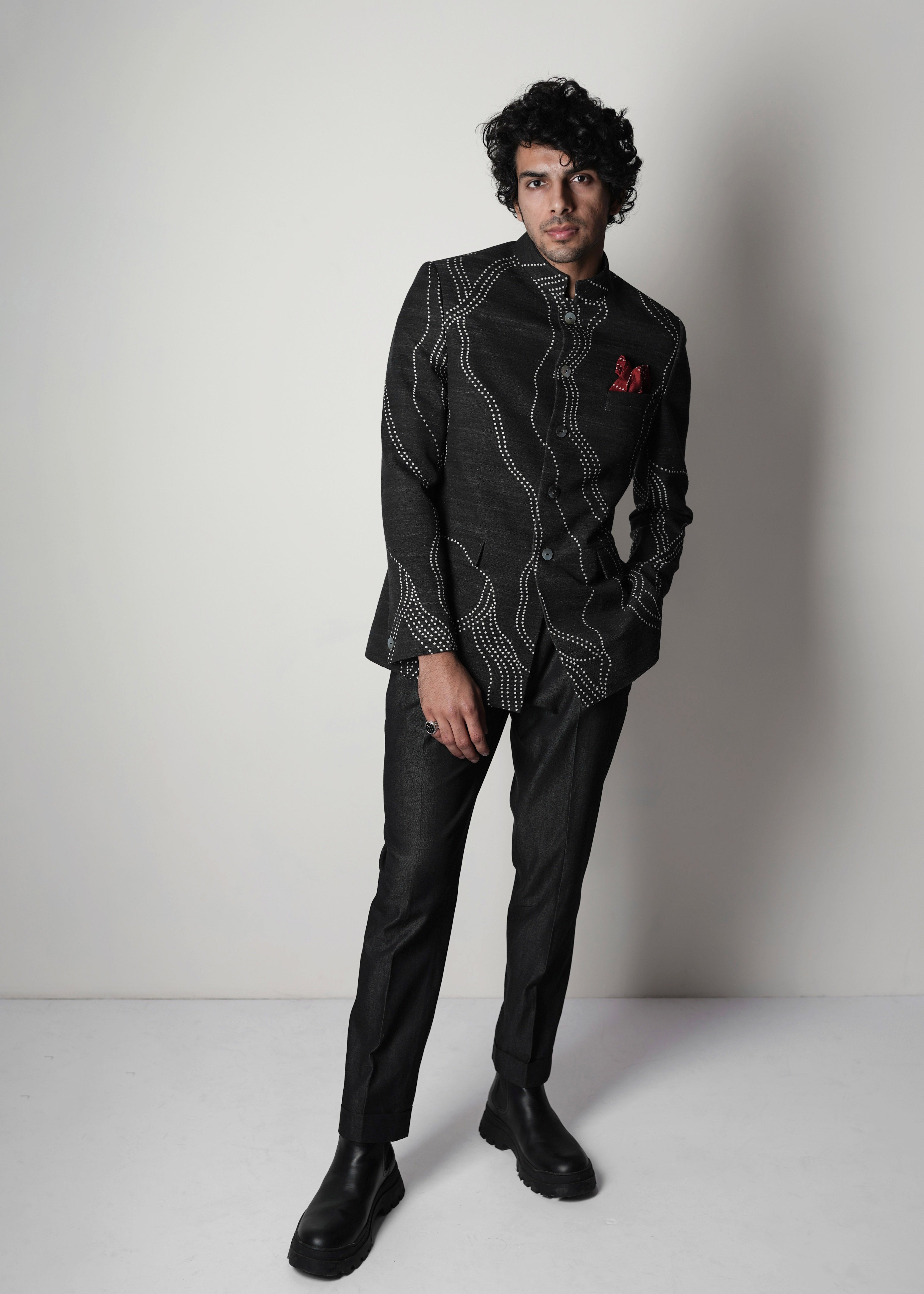 COUNTRYMADE Nehru Jackets Constellation Handloom Bandhgala Jacket veste noire imprimée