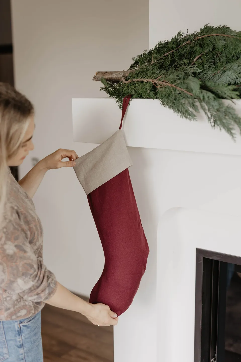 Laumė linen Christmas Linen grande chaussette de Noël vert forêt