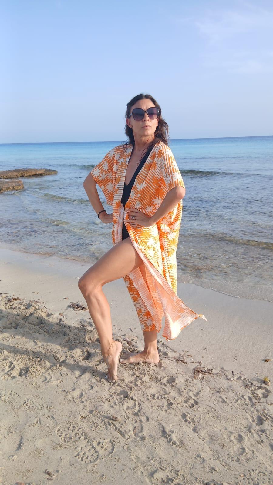 PANTRUCHE Kimonos PALMA orange kimono long taille unique en viscose