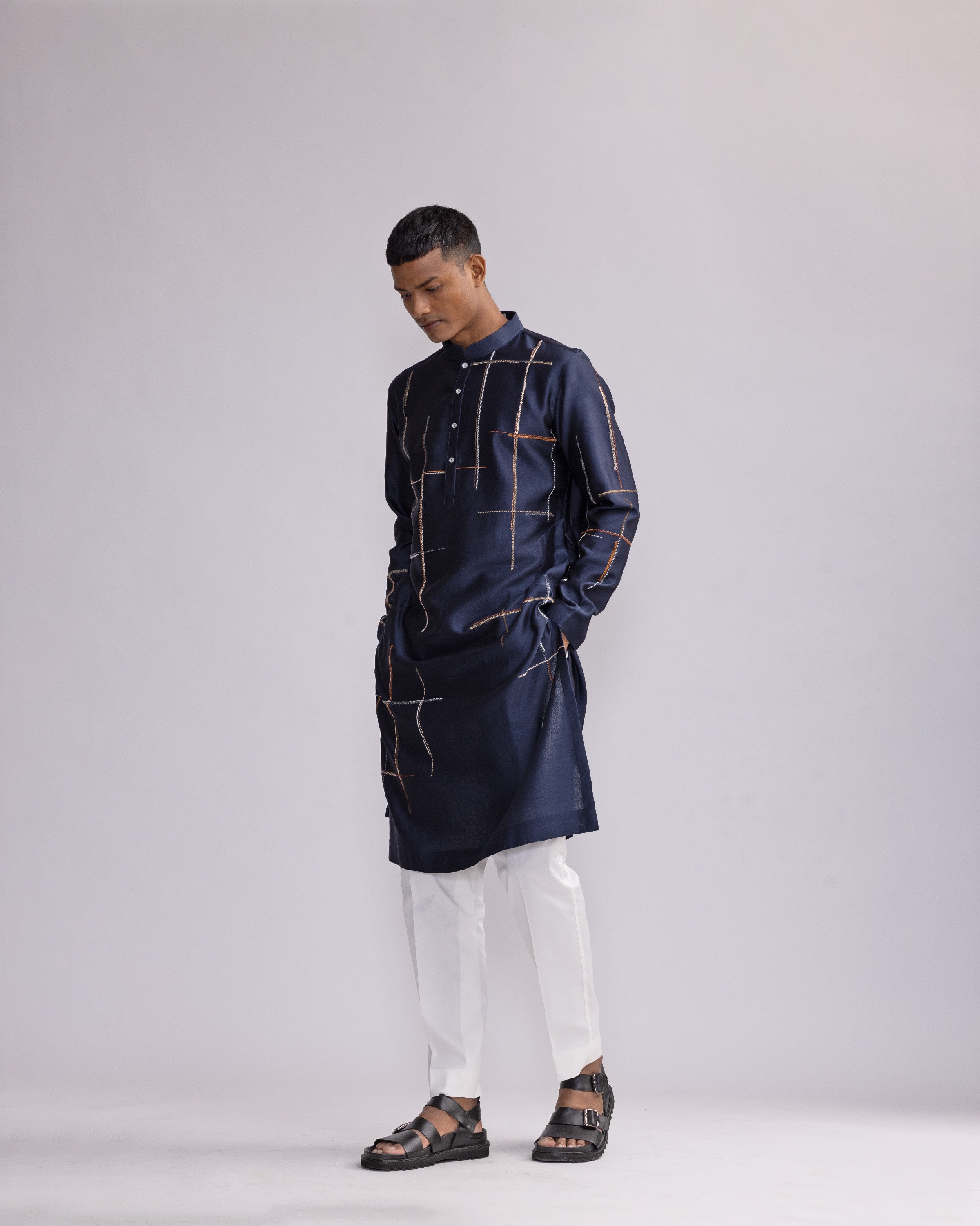 COUNTRYMADE Kurtas Placement Checks Hand Embroidered Olive Kurta Set kurta brodé