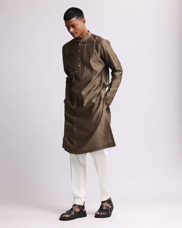 COUNTRYMADE Kurtas Placement Checks Hand Embroidered Olive Kurta Set ensemble kurta brodé