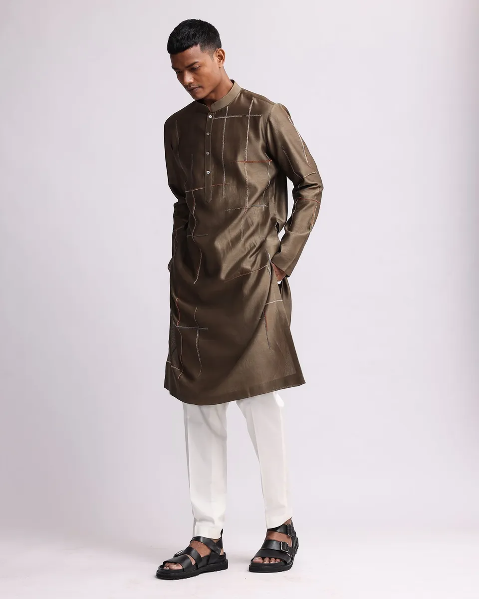 COUNTRYMADE Kurtas Placement Checks Hand Embroidered Olive Kurta Set ensemble kurta brodé