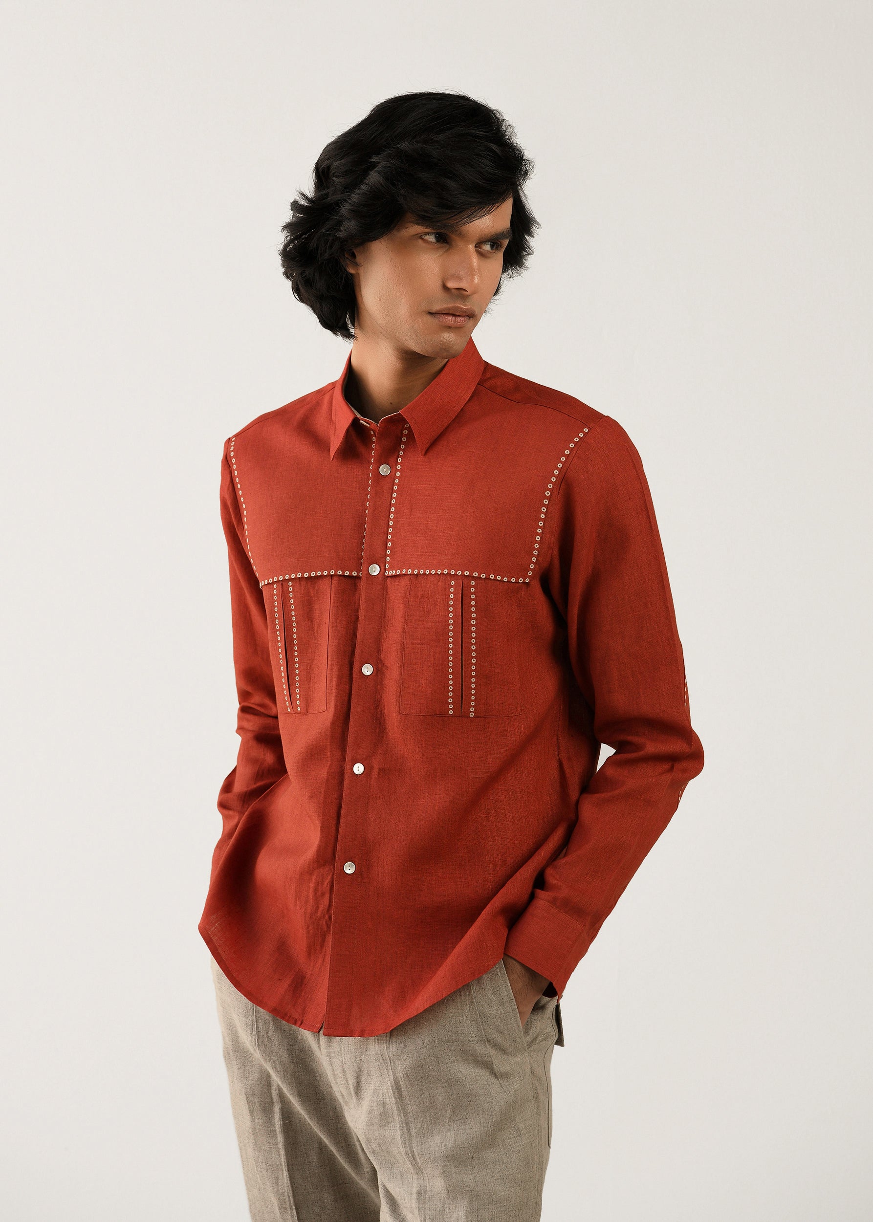 COUNTRYMADE Shirts Pocket Dots Shirt chemise rouge en lin sur mesure