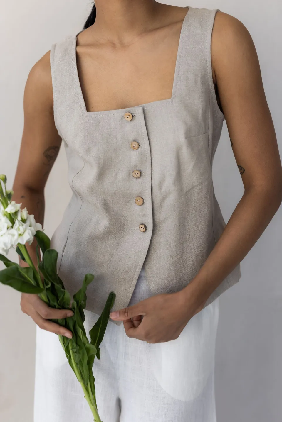 Laumė linen Linen Tops Dusk gilet en lin vert à carreaux