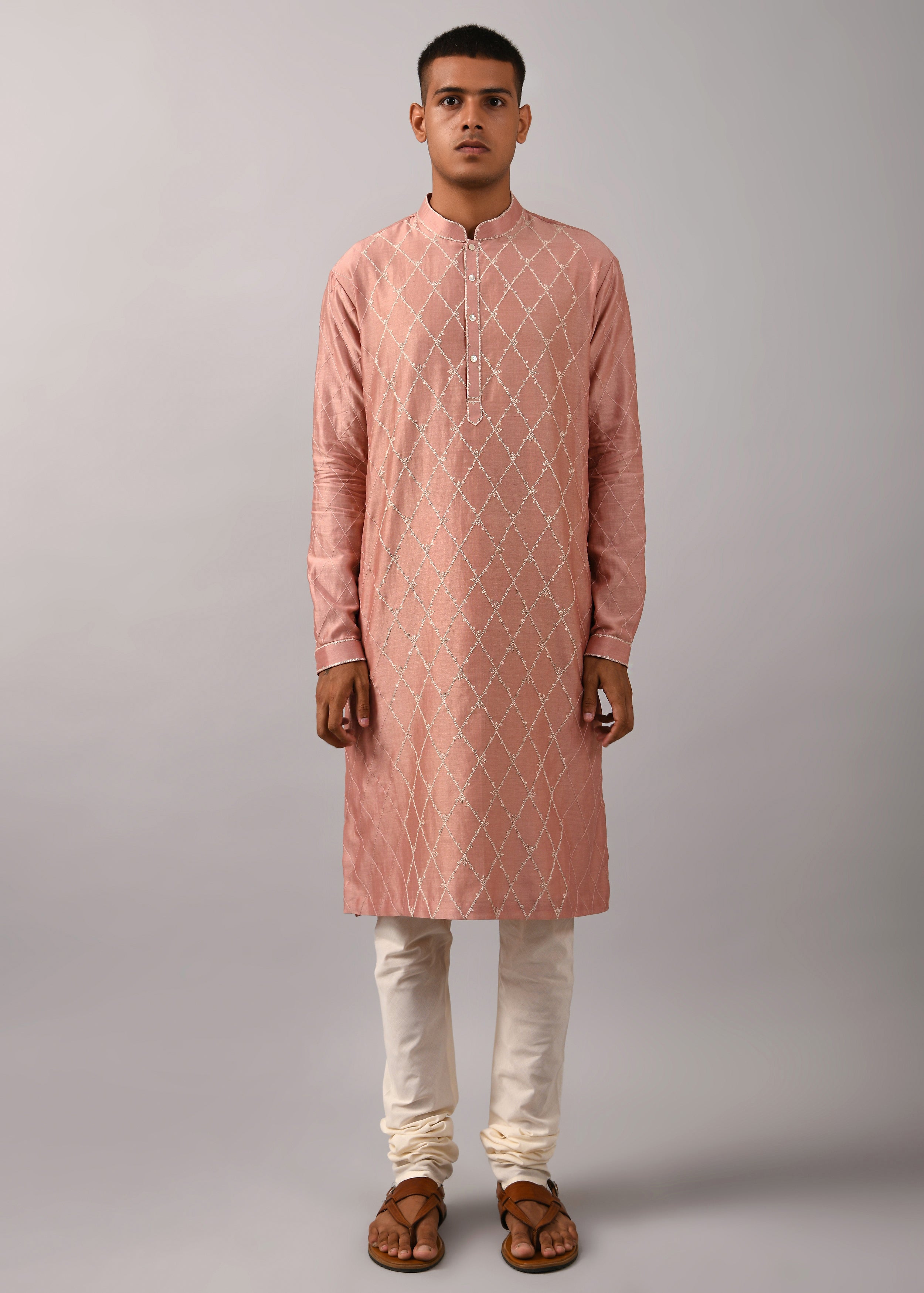 COUNTRYMADE Kurtas Diamond Pattern Embroidered Kurta Set ensemble kurta chanderi rose poudré