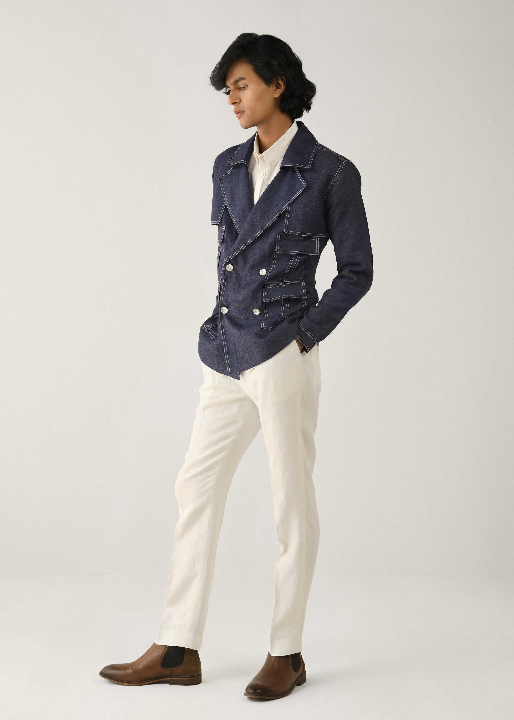 COUNTRYMADE Jackets Cropped Trench Jacket veste courte marine en lin
