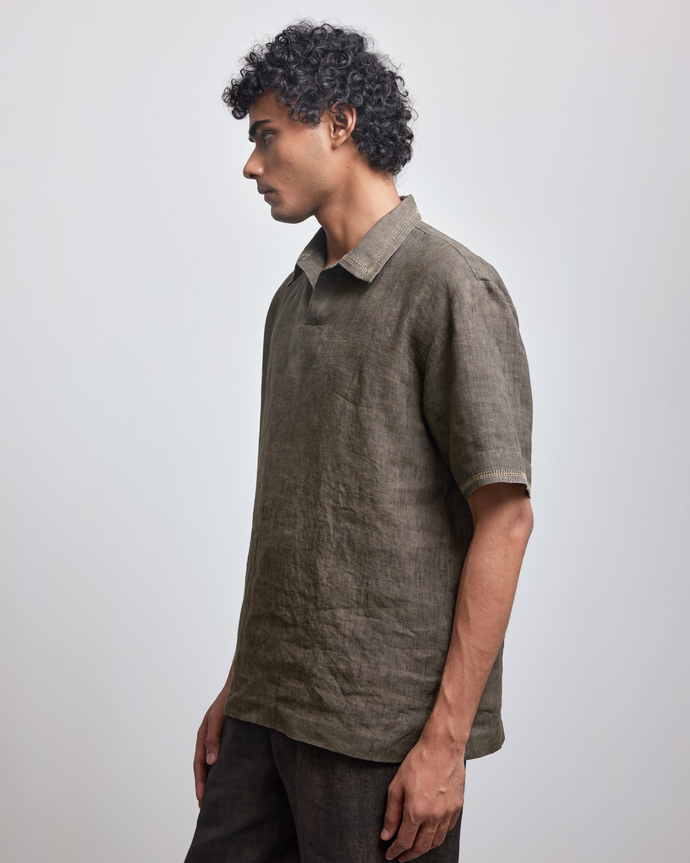 COUNTRYMADE Shirts Stone Brown Crochet Polo Shirt en lin