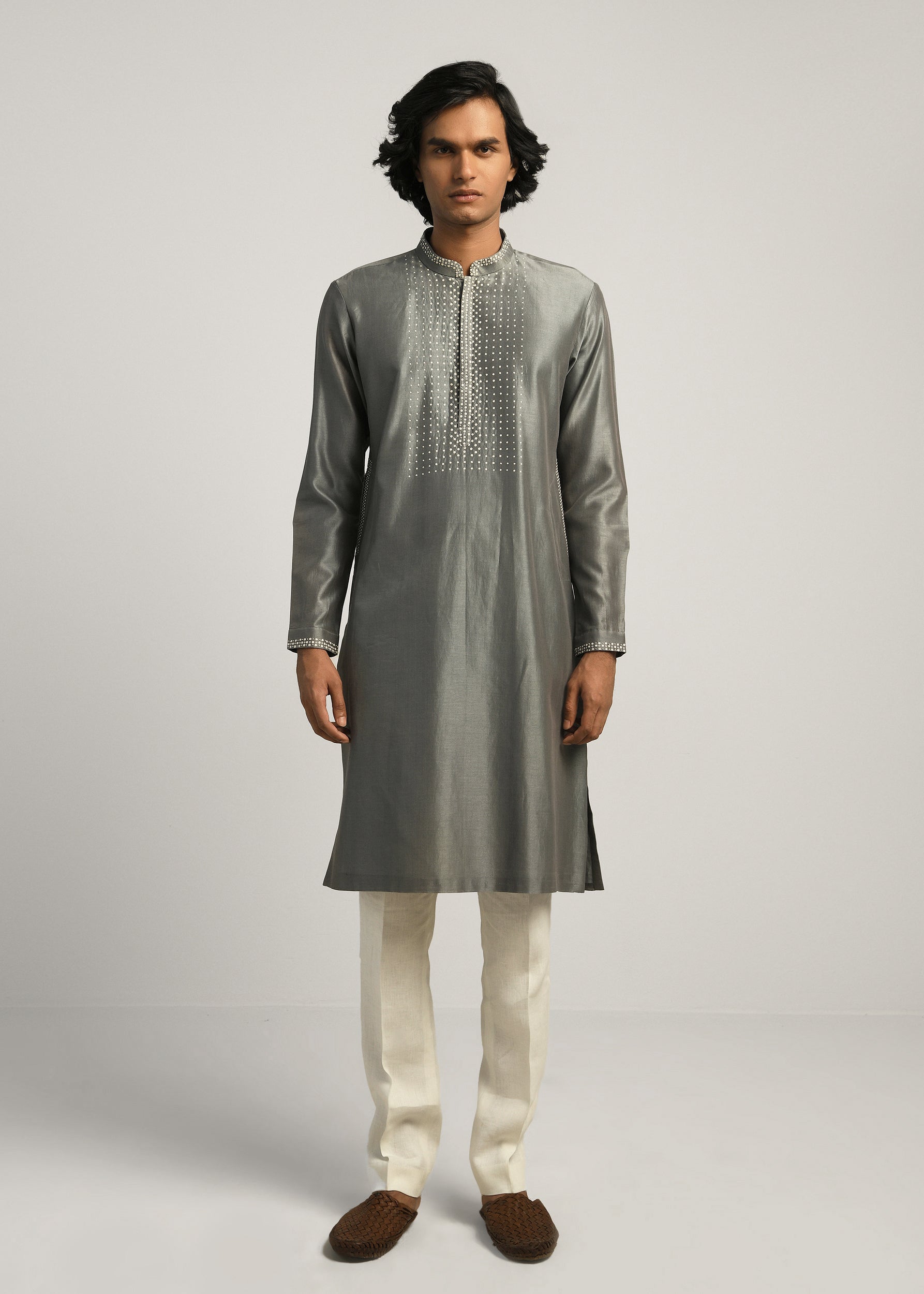 COUNTRYMADE Kurtas Dots Yoke Kurta Set gris fumé en Chanderi