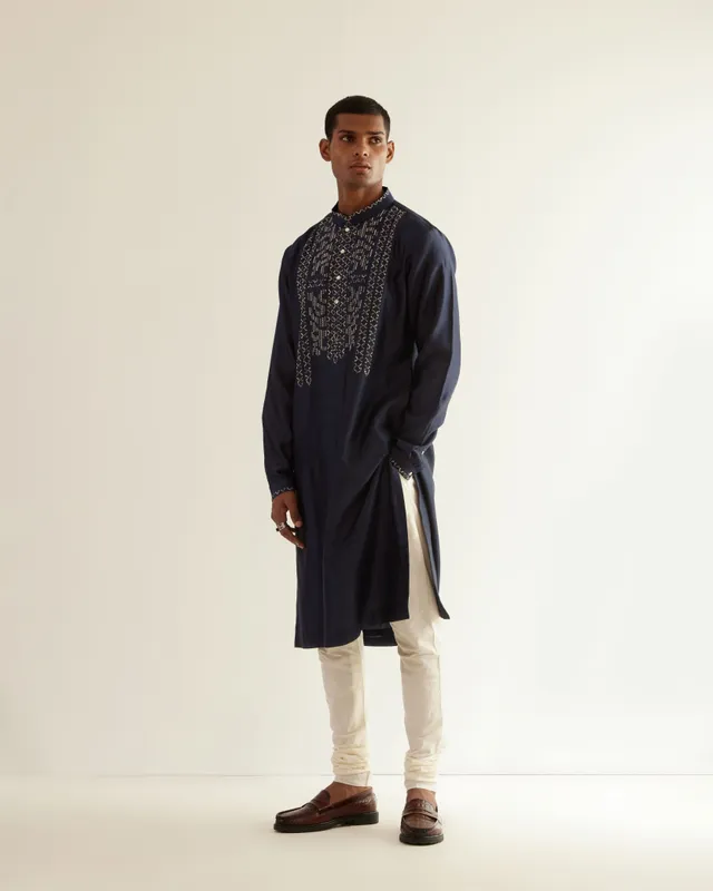 COUNTRYMADE Kurtas Asymmetric Embroidered Yoke Kurta Set ensemble kurta bleu marine
