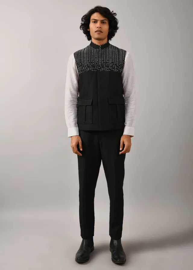 COUNTRYMADE Nehru Jackets Morse Code Bundi bundi noire brodée
