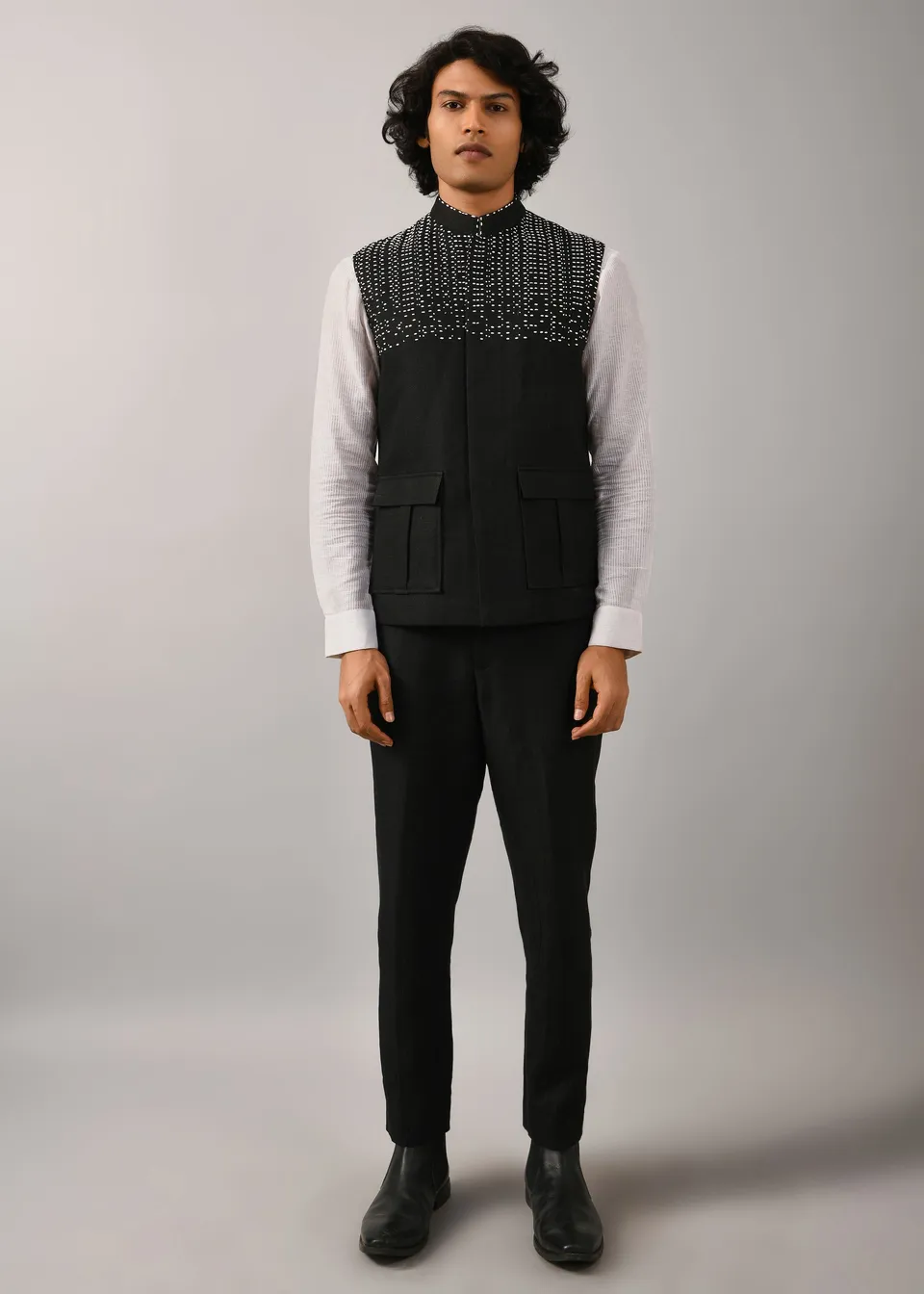 COUNTRYMADE Nehru Jackets Morse Code Bundi bundi noire brodée