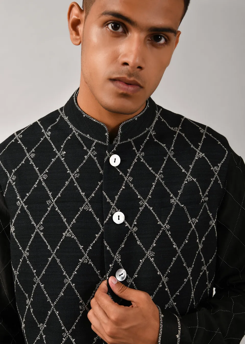 COUNTRYMADE Nehru Jackets Diamond Embroidered Bundi veste noire L