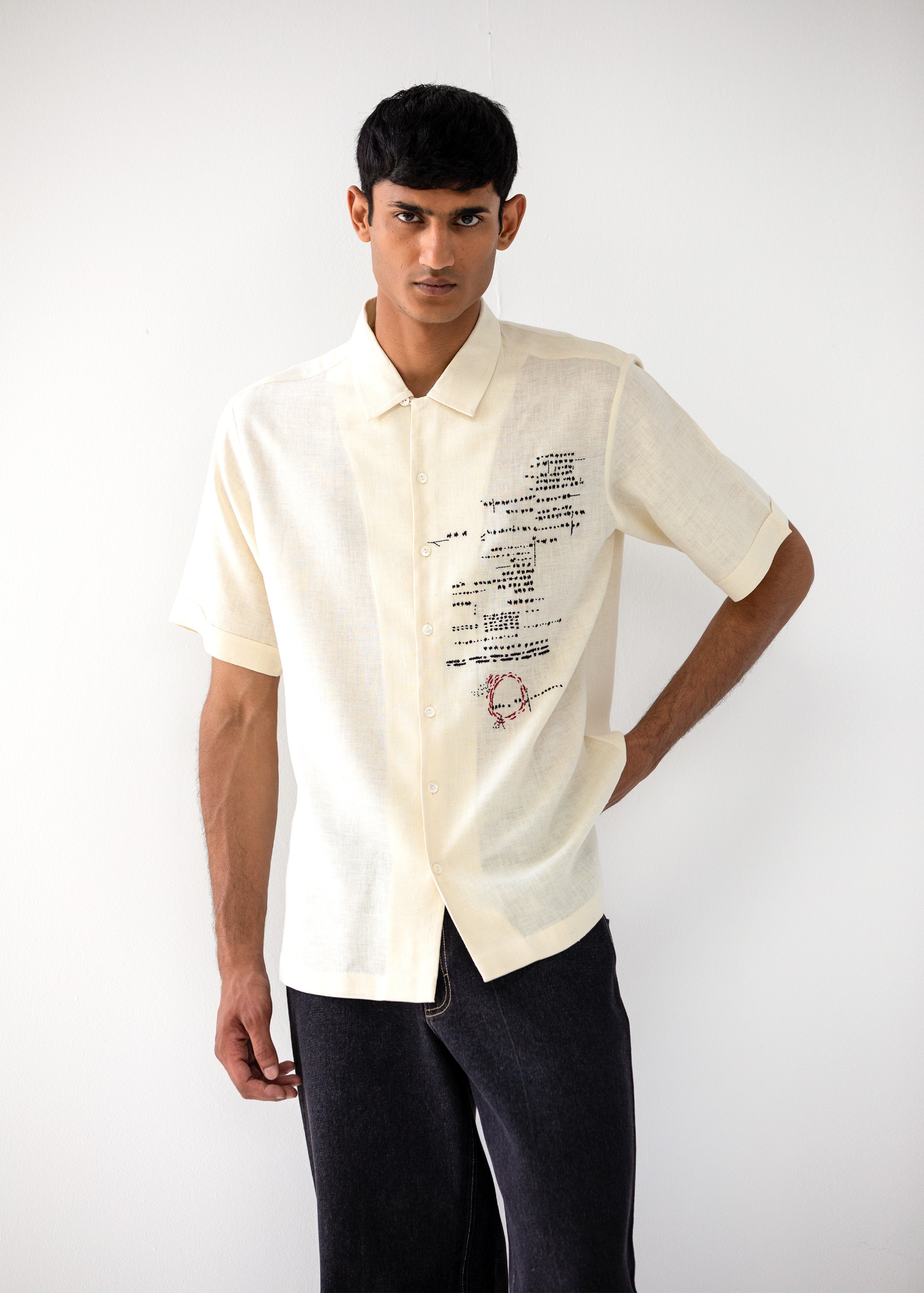 COUNTRYMADE Shirts ASEMIC HALF-SLEEVED SHIRT chemise ivoire brodée