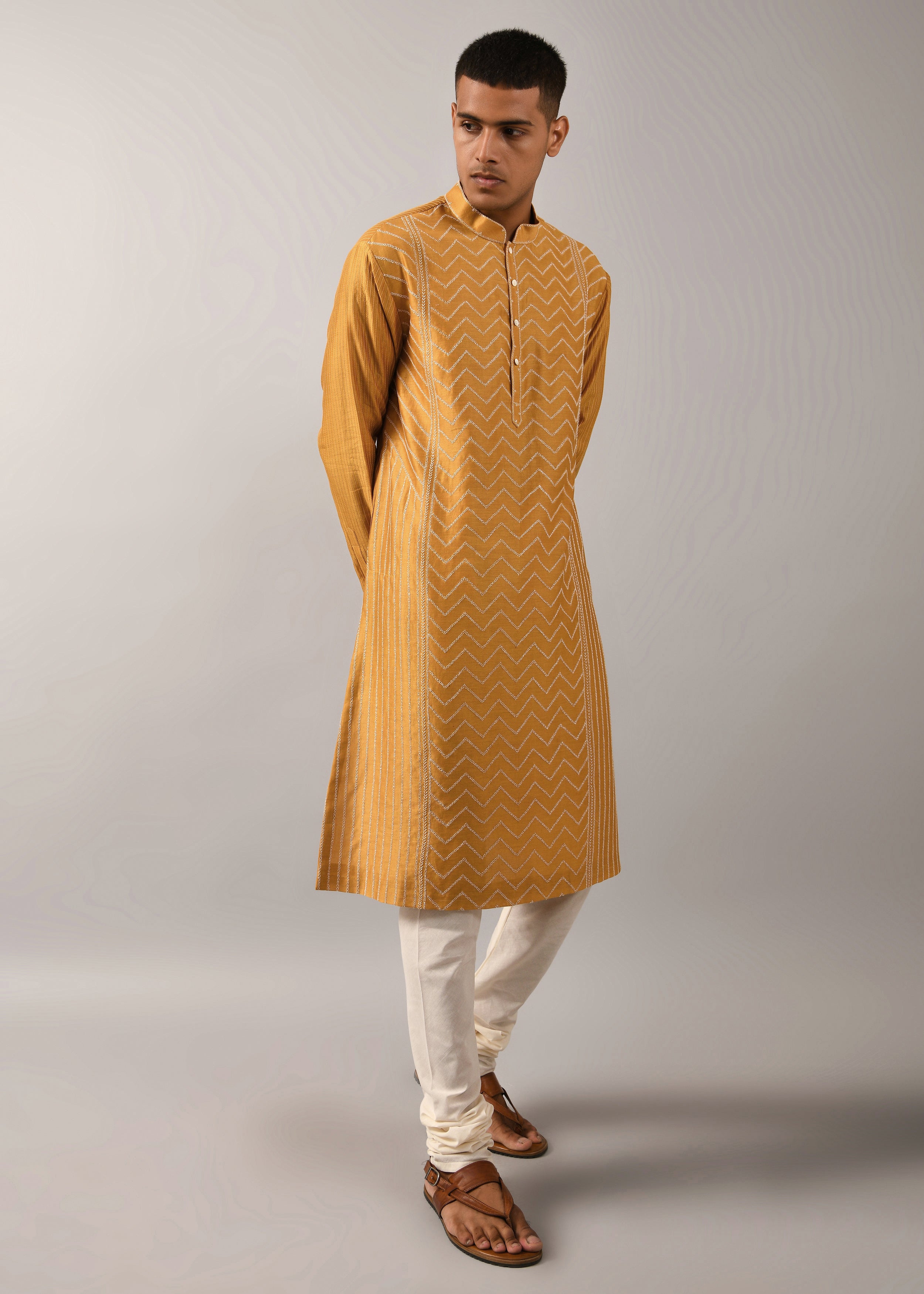 COUNTRYMADE Kurtas Chevron Hand Embroidered Kurta Set ensemble chanderi moutarde