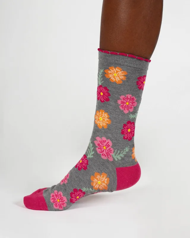 Sourire Multicolore Chaussettes femme fleurs rouges en bambou 36-40