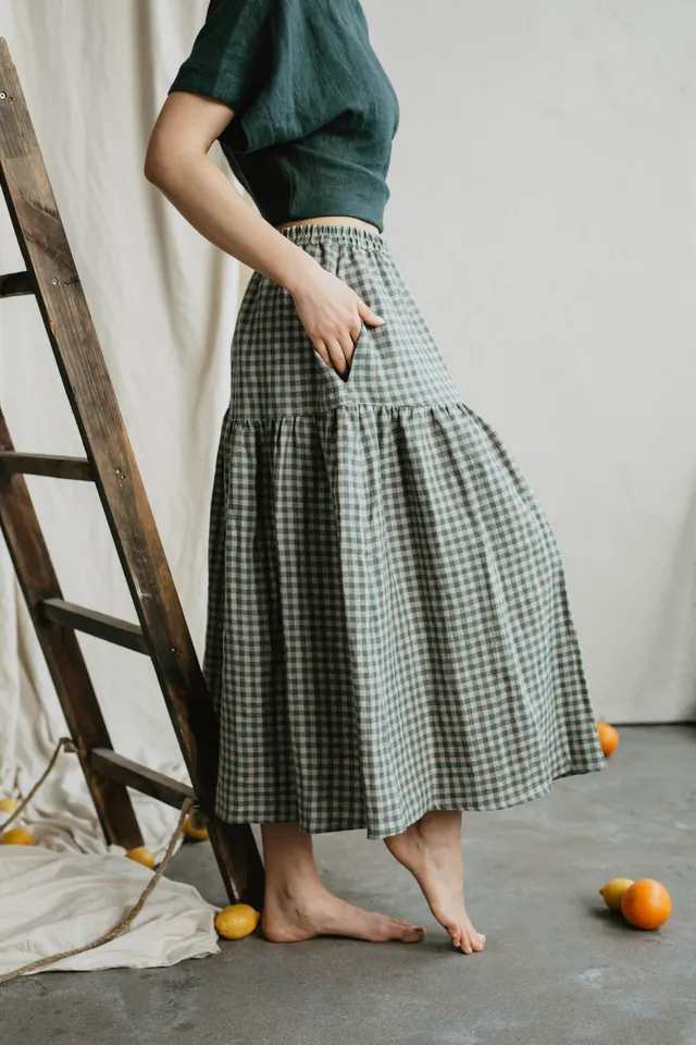 Laumė linen Linen Bottoms Vakarė jupe vert à carreaux en lin