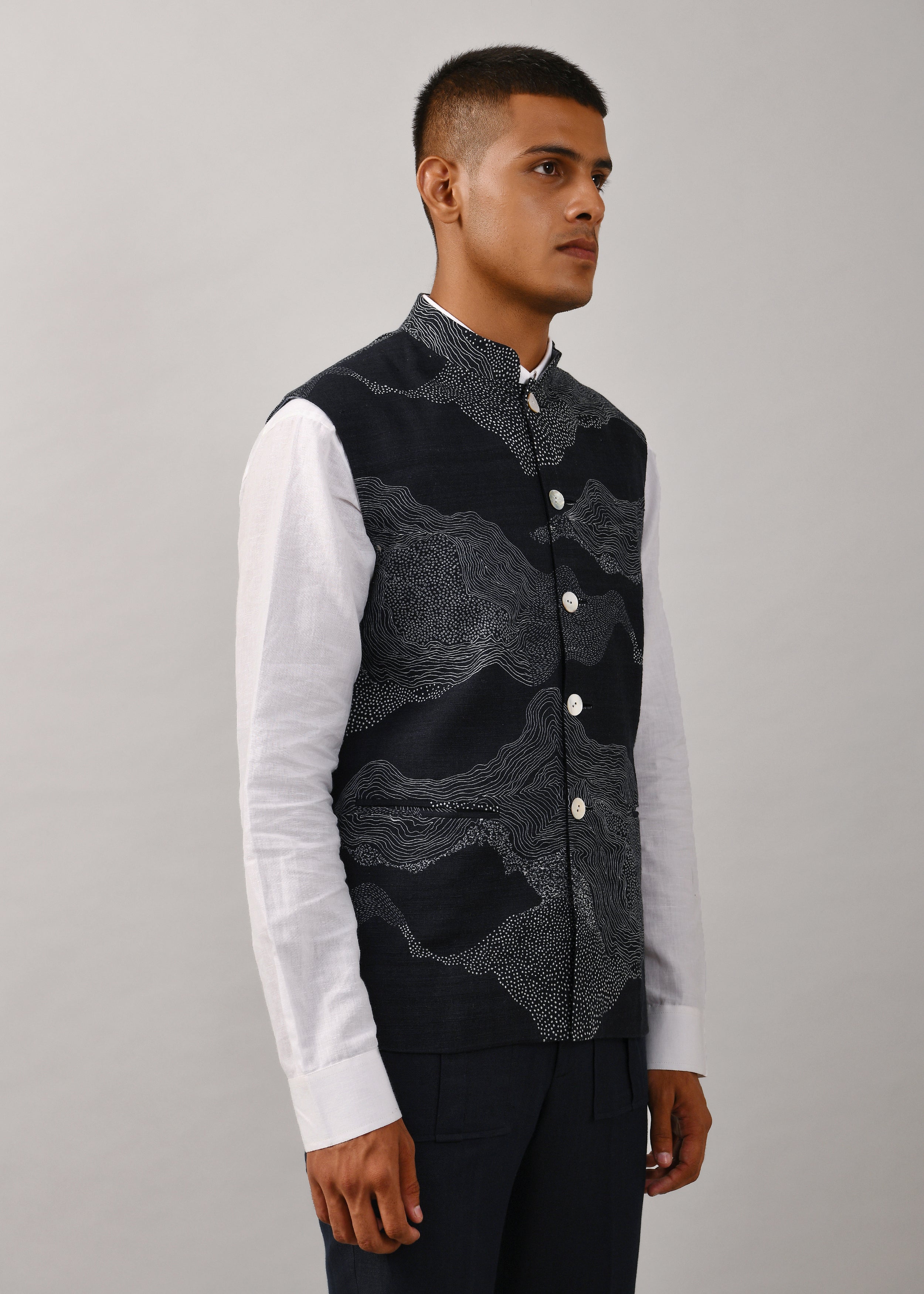 COUNTRYMADE Nehru Jackets Cloud Print Bundi veste bleu marine