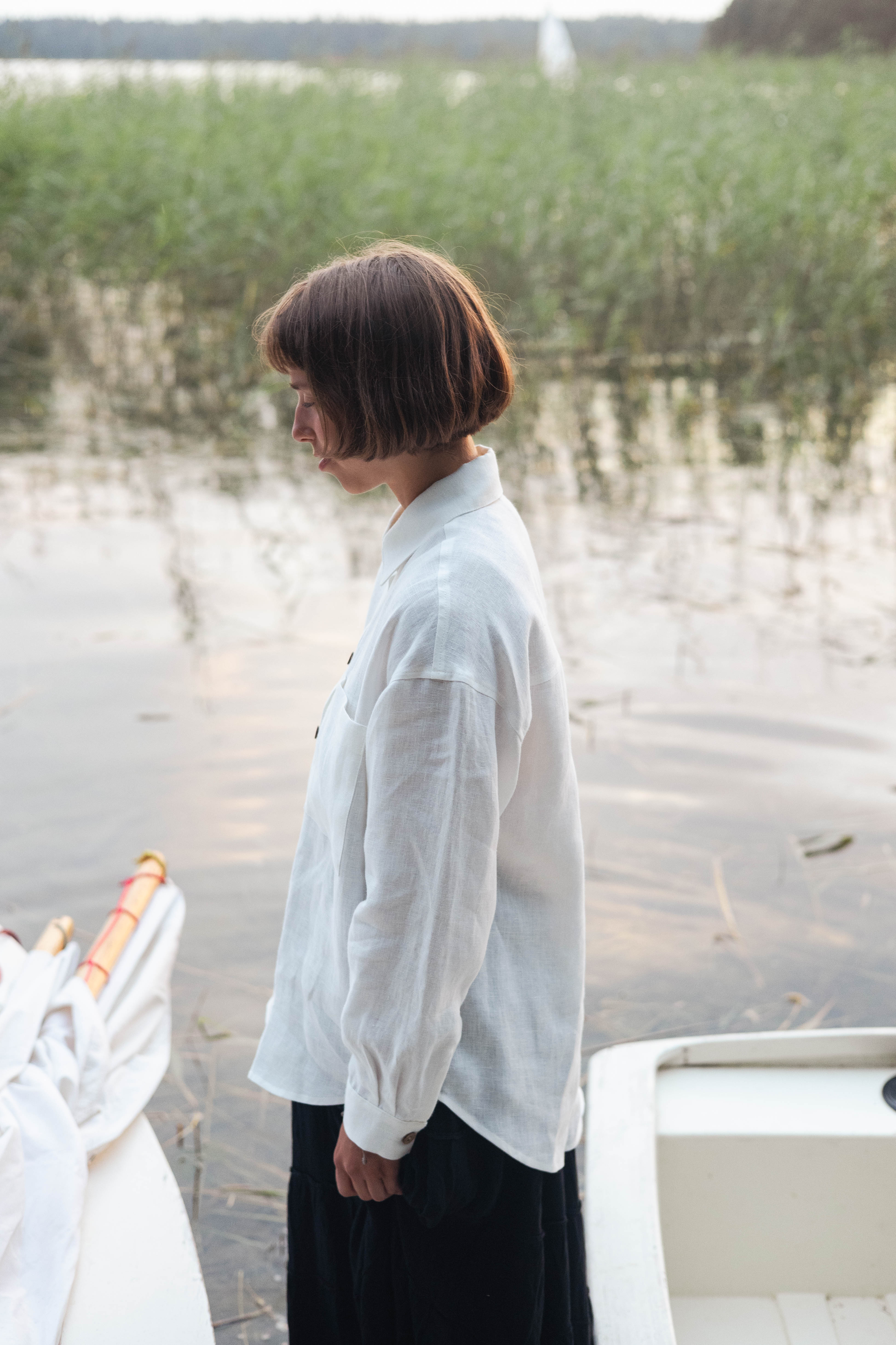 Laumė linen Linen Tops Vandenė chemise en lin bleu ciel oversize