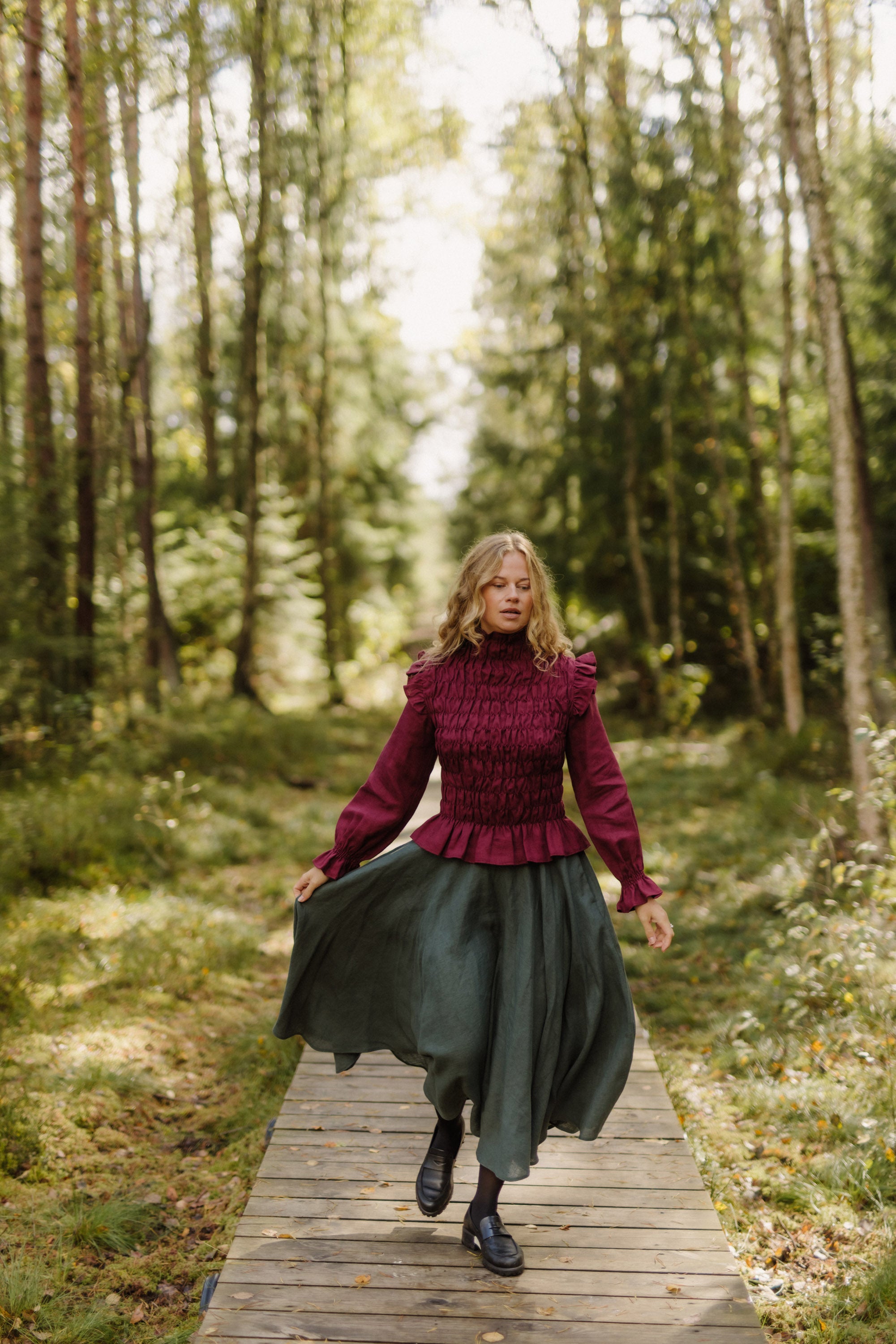 Laumė linen Linen Bottoms Saulė jupe cercle en lin vert forêt