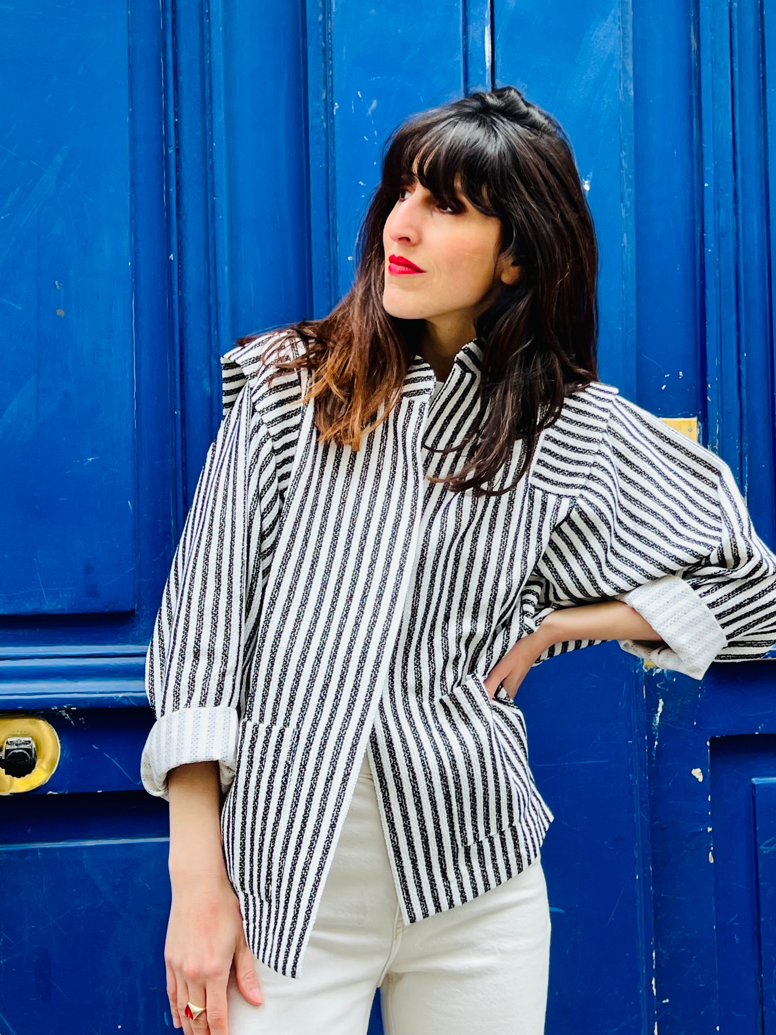 PANTRUCHE Vestes Veste BETTINA rayée en tweed noir et blanc