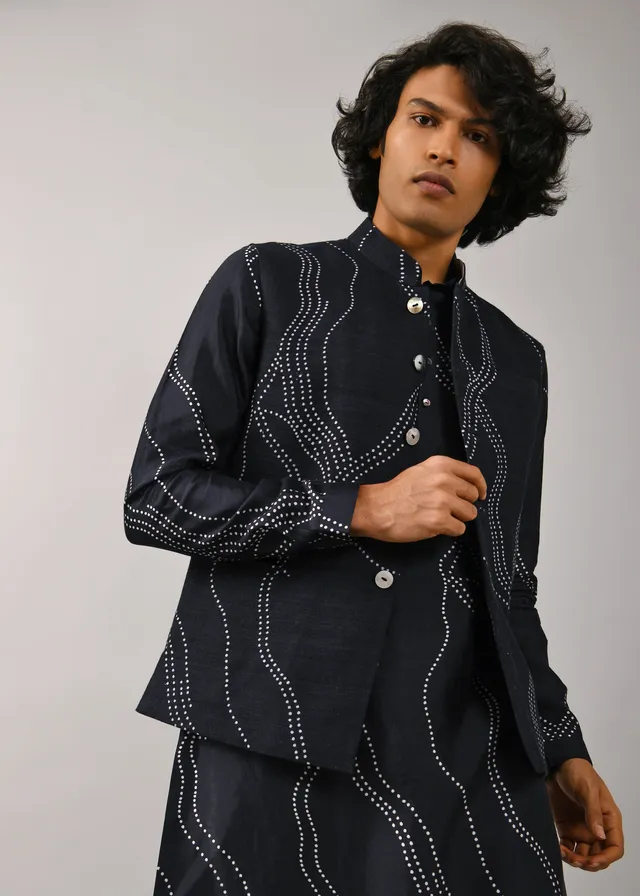 COUNTRYMADE Nehru Jackets Constellation Printed Bundi veste marine coton soie