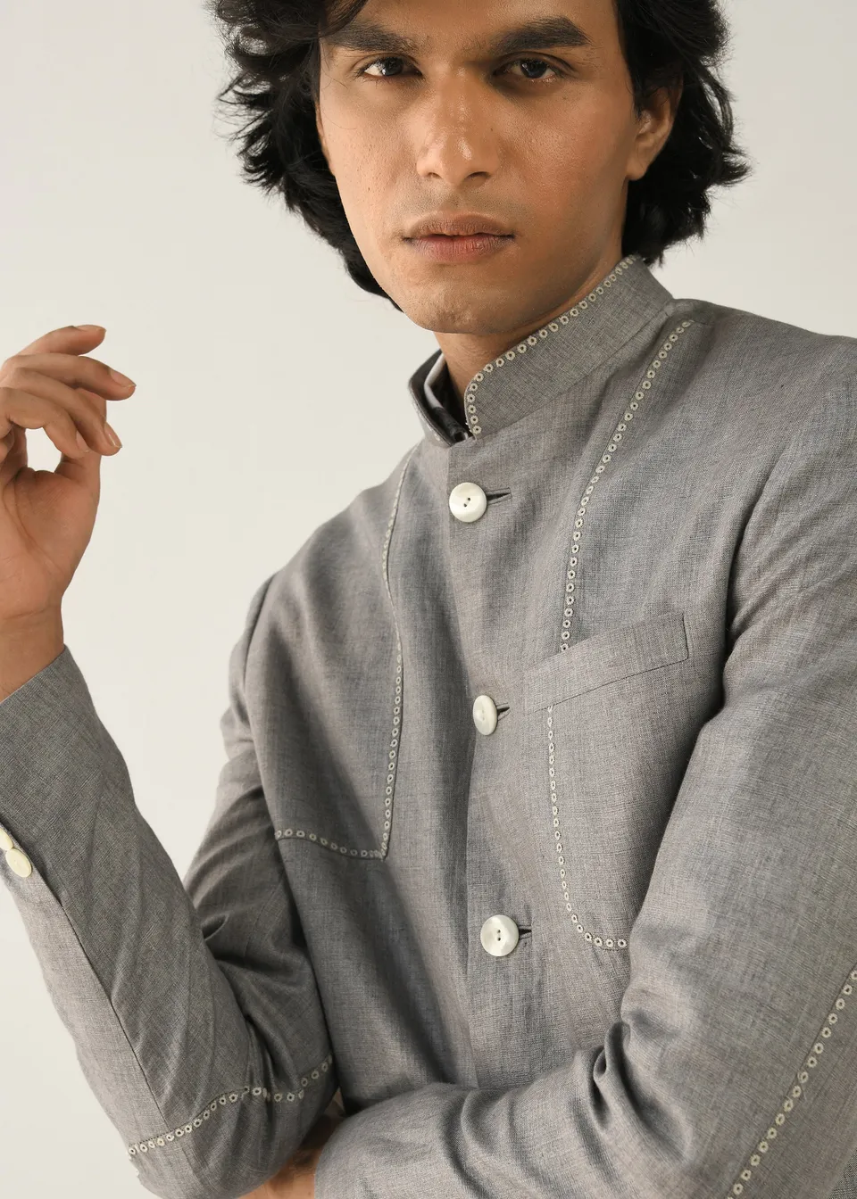 COUNTRYMADE Nehru Jackets Fuselage Bandhgala veste Nehru en lin gris