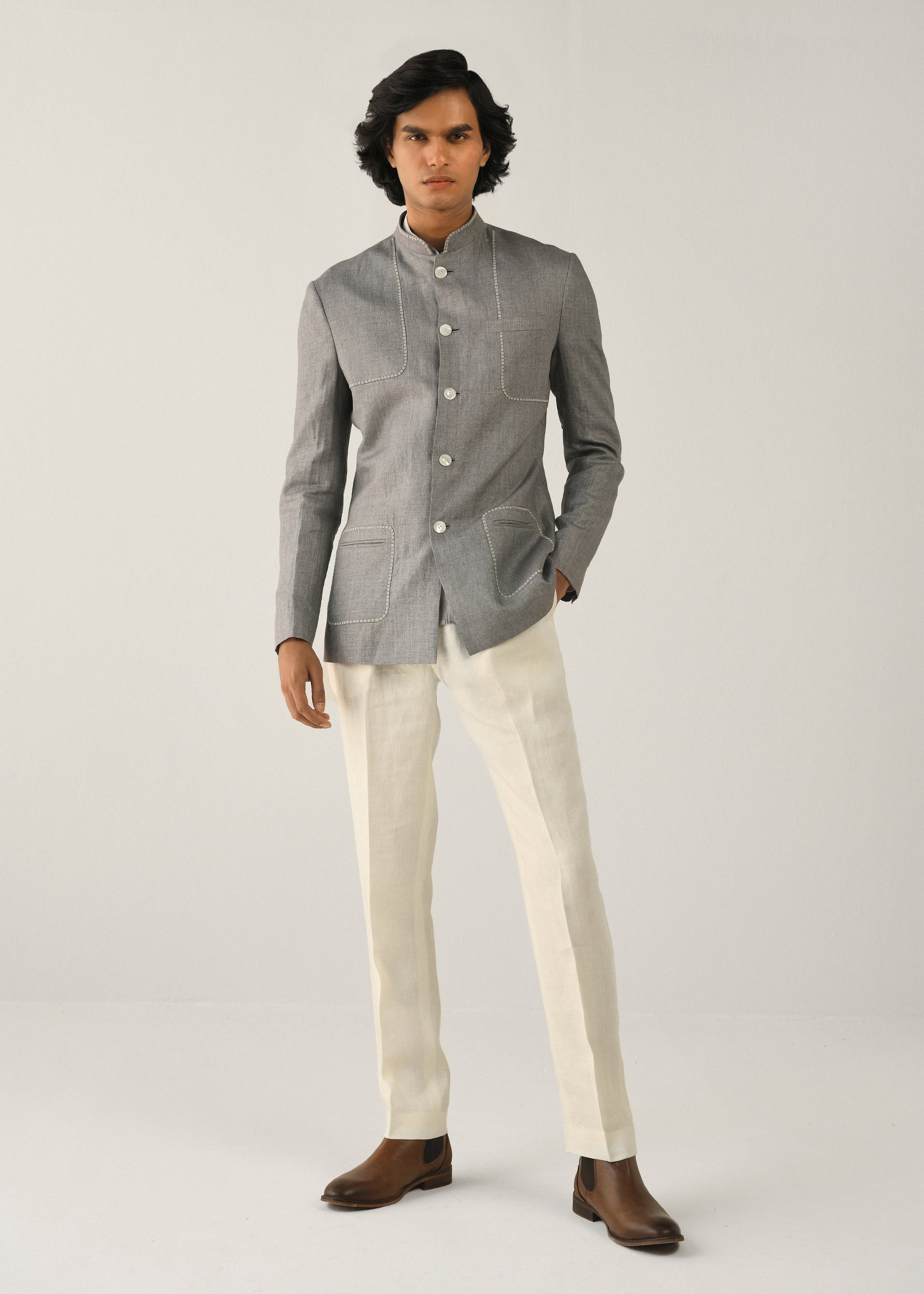 COUNTRYMADE Nehru Jackets Fuselage Bandhgala veste Nehru en lin gris