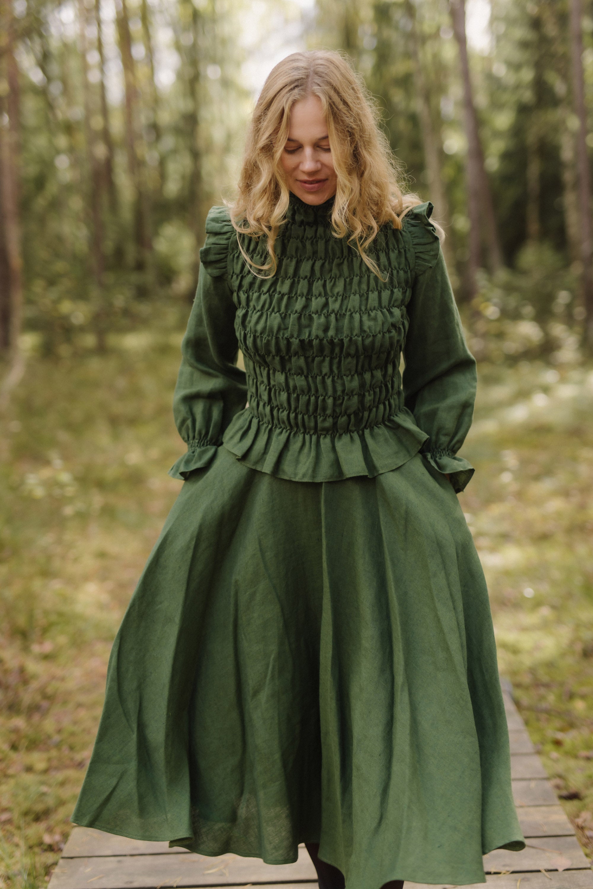 Laumė linen Linen Bottoms Saulė jupe cercle en lin vert forêt